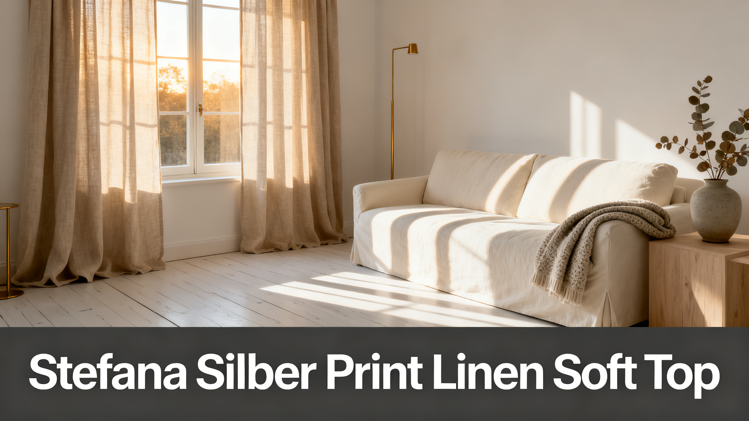 Scandinavian-modern interior at golden hour with window treatment, neutral palette, editorial home photography for Stefana Silber Print Linen Soft Top