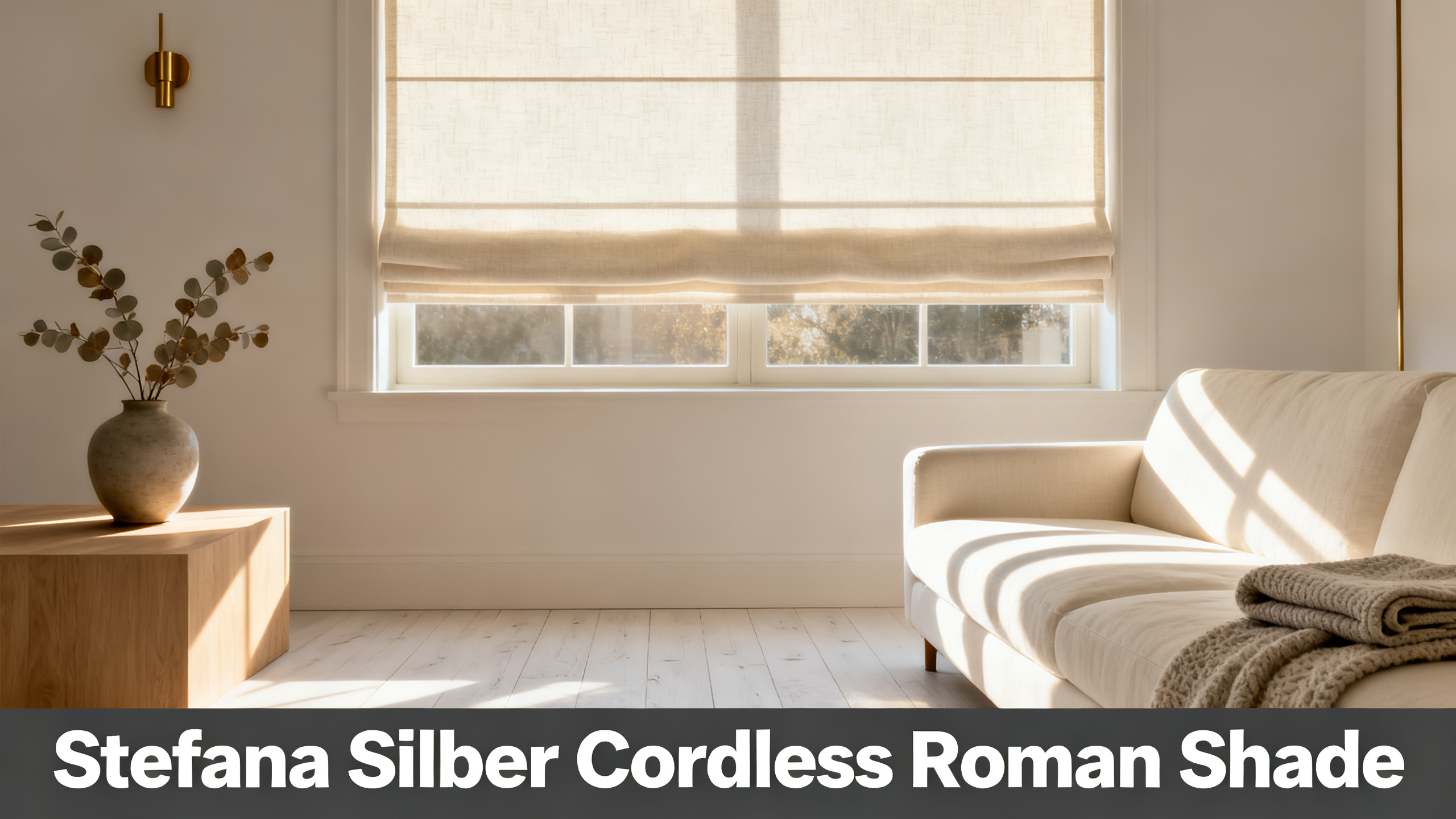 Scandinavian-modern interior at golden hour with window treatment, neutral palette, editorial home photography for Stefana Silber Cordless Roman Shade