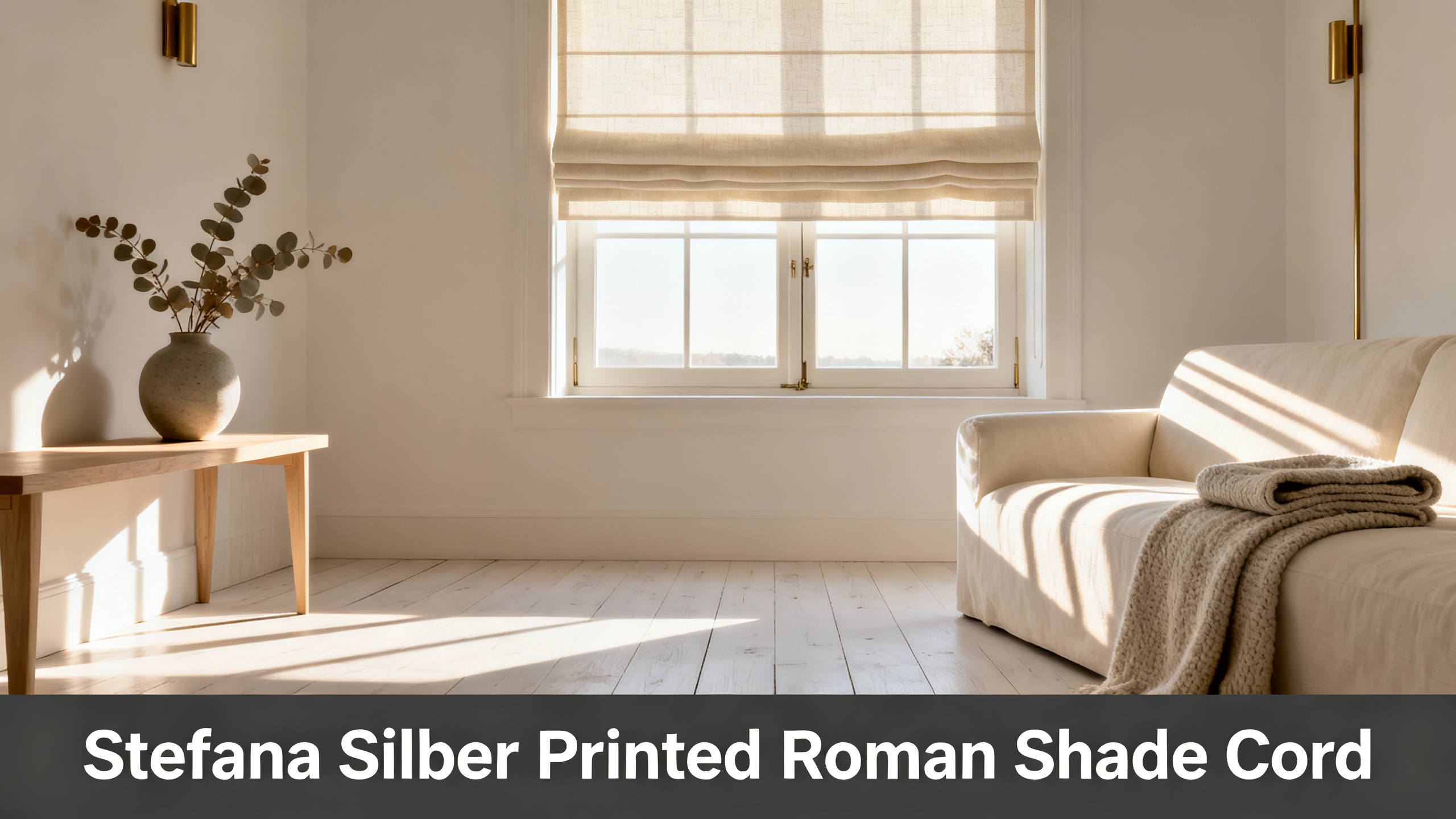 Scandinavian-modern interior at golden hour with window treatment, neutral palette, editorial home photography for Stefana Silber Printed Roman Shade Cord
