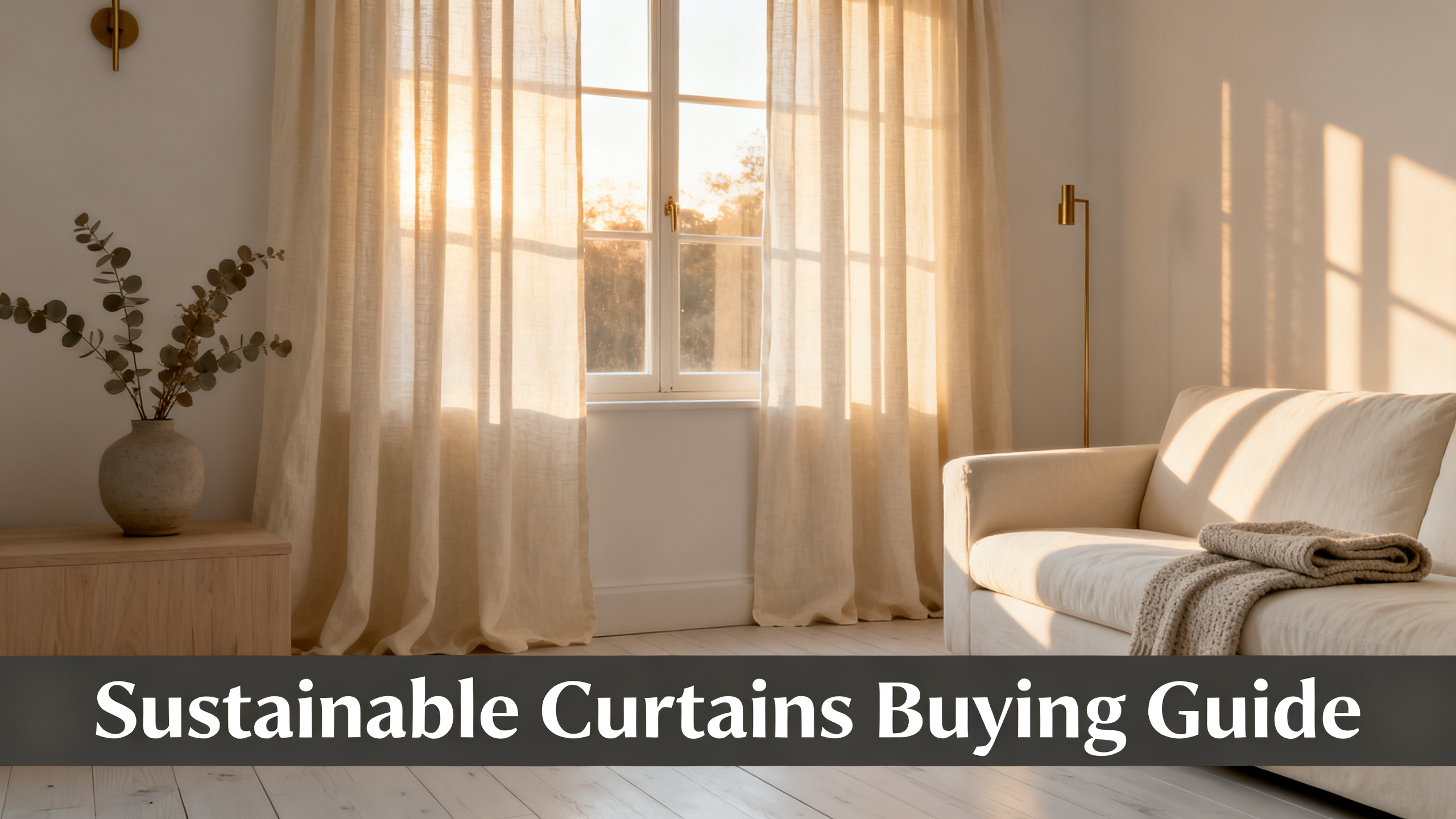 Scandinavian-modern interior at golden hour with window treatment, neutral palette, editorial home photography for Sustainable Curtains Buying Guide