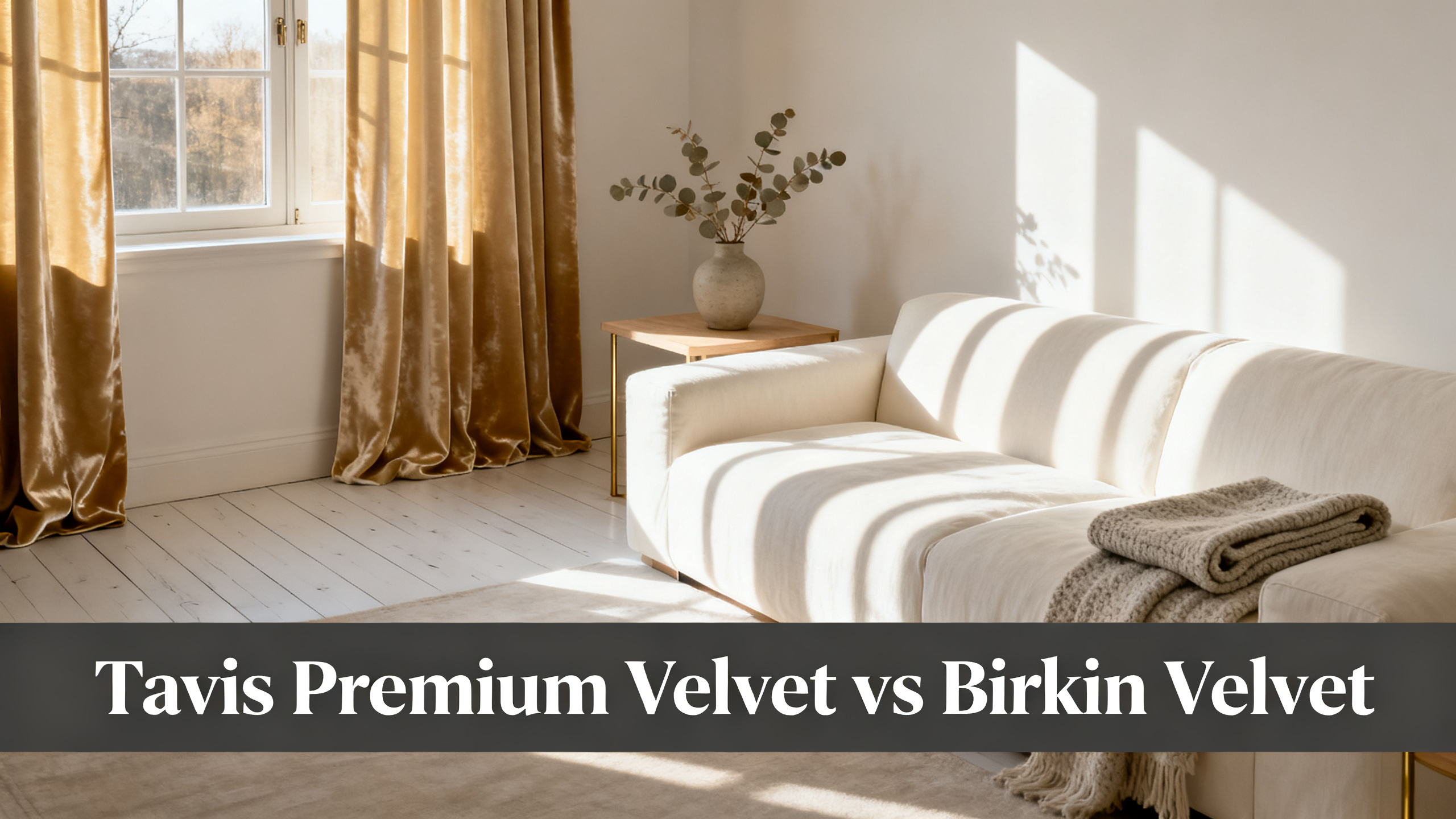 Scandinavian-modern interior at golden hour with window treatment, neutral palette, editorial home photography for Tavis Premium Velvet vs Birkin Velvet