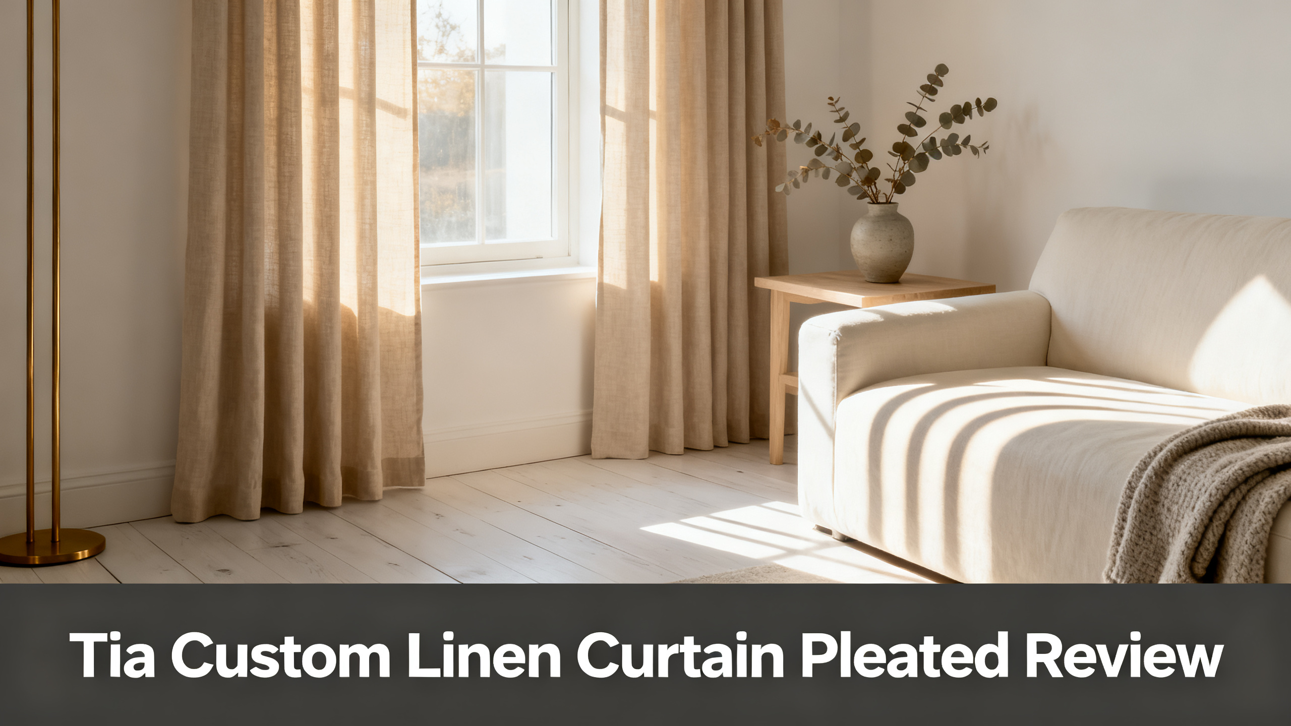 Scandinavian-modern interior at golden hour with window treatment, neutral palette, editorial home photography for Tia Custom Linen Curtain Pleated Review
