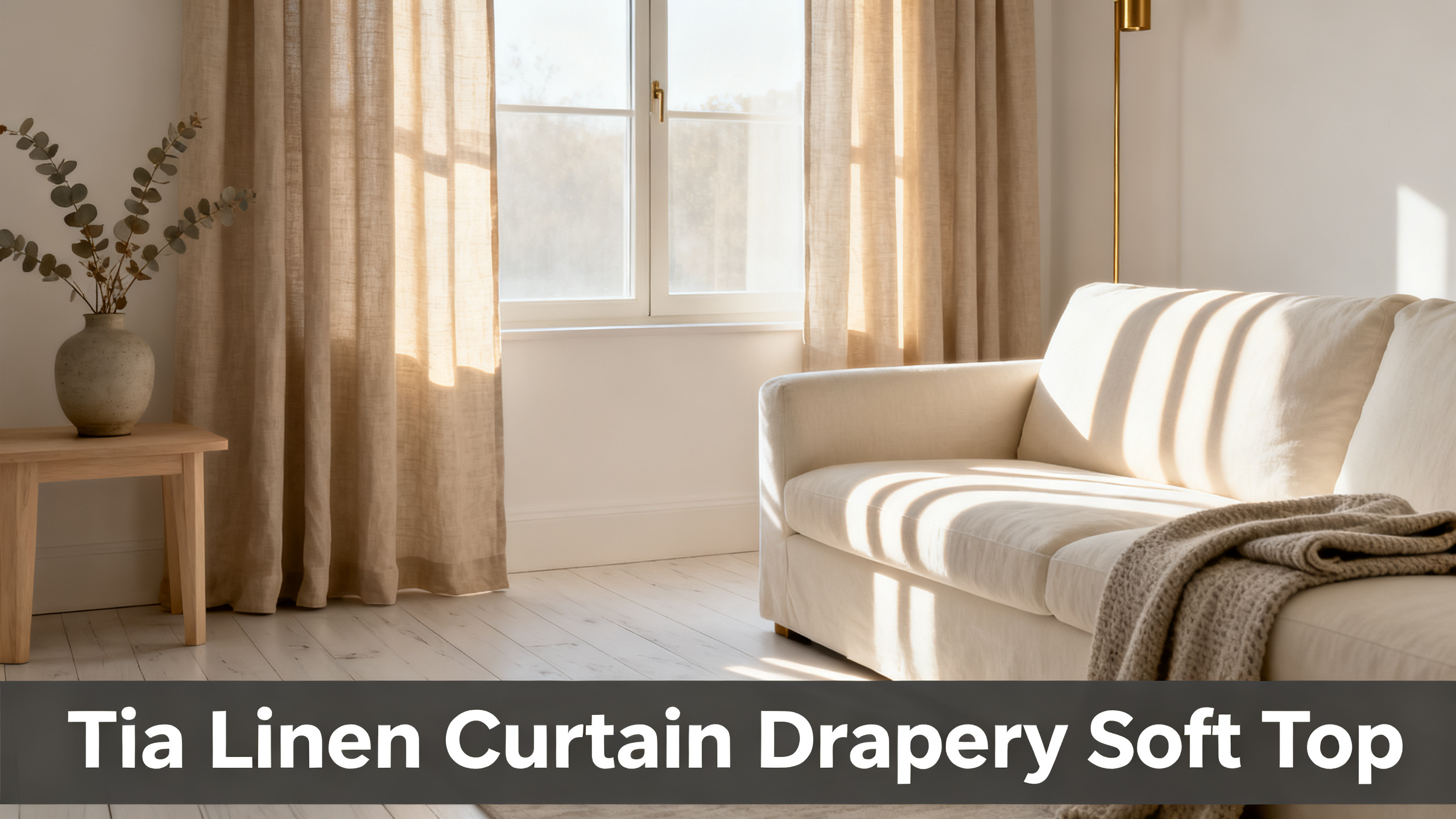 Scandinavian-modern interior at golden hour with window treatment, neutral palette, editorial home photography for Tia Linen Curtain Drapery Soft Top