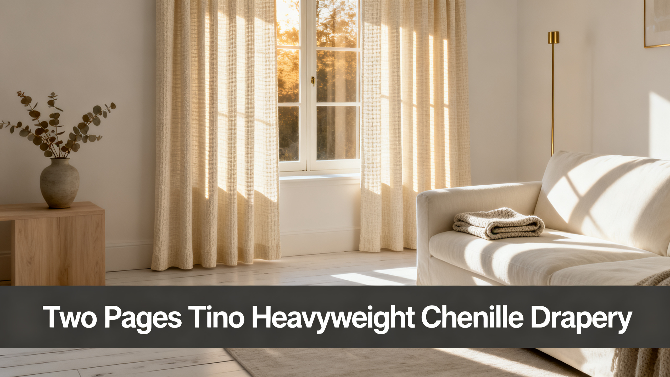 Scandinavian-modern interior at golden hour with window treatment, neutral palette, editorial home photography for Two Pages Tino Heavyweight Chenille Drapery