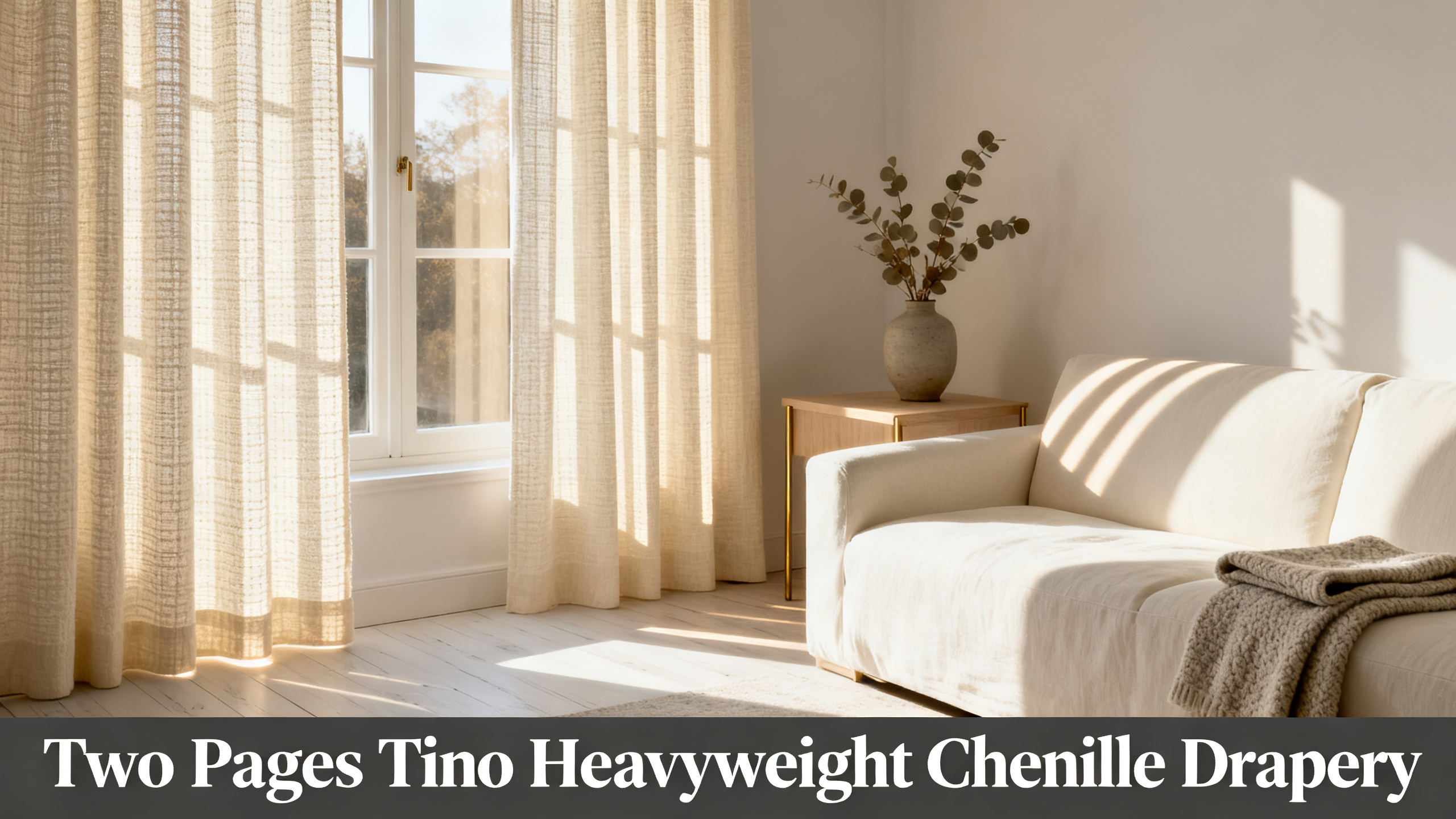 Scandinavian-modern interior at golden hour with window treatment, neutral palette, editorial home photography for Two Pages Tino Heavyweight Chenille Drapery