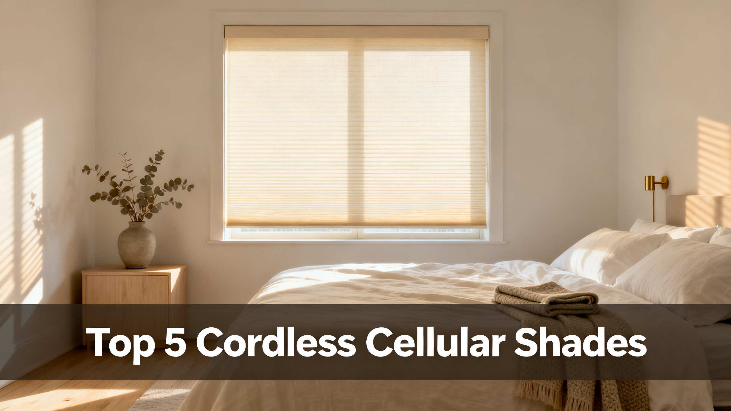 Scandinavian-modern bedroom at golden hour with cream cordless cellular honeycomb shades partially drawn over a large window, light oak nightstand with eucalyptus vase, white linen bedding