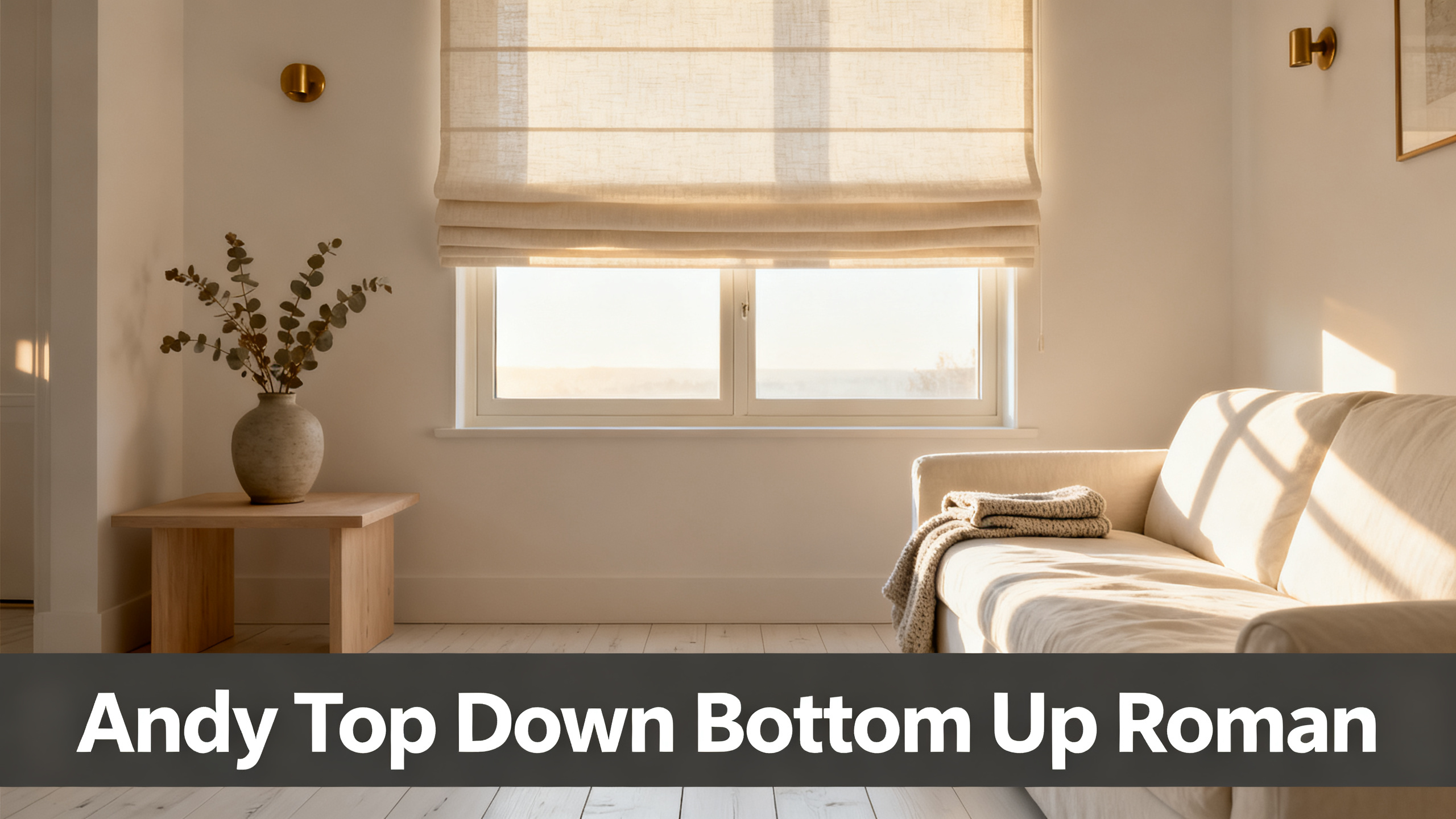 Scandinavian-modern interior at golden hour with window treatment, neutral palette, editorial home photography for Andy Top Down Bottom Up Roman