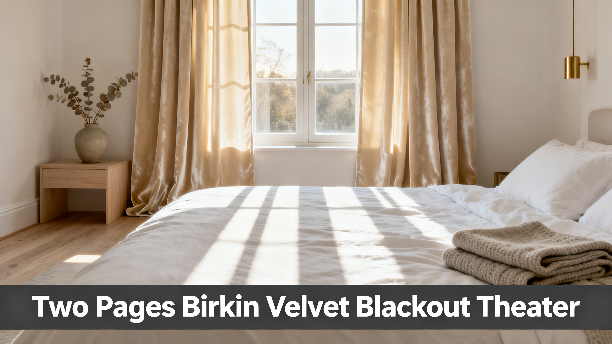 Scandinavian-modern interior at golden hour with window treatment, neutral palette, editorial home photography for Two Pages Birkin Velvet Blackout Theater