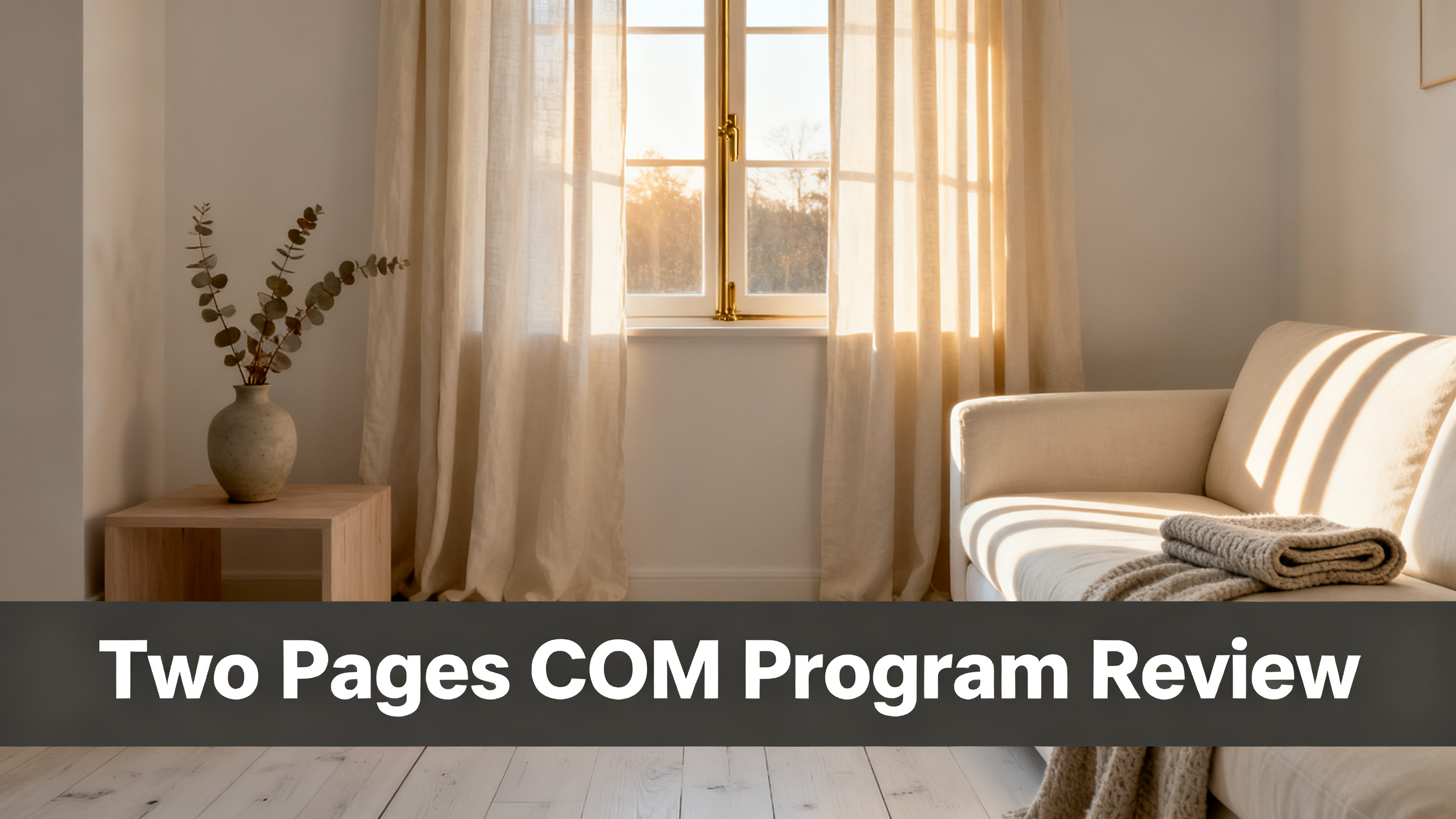 Scandinavian-modern interior at golden hour with window treatment, neutral palette, editorial home photography for Two Pages COM Program Review