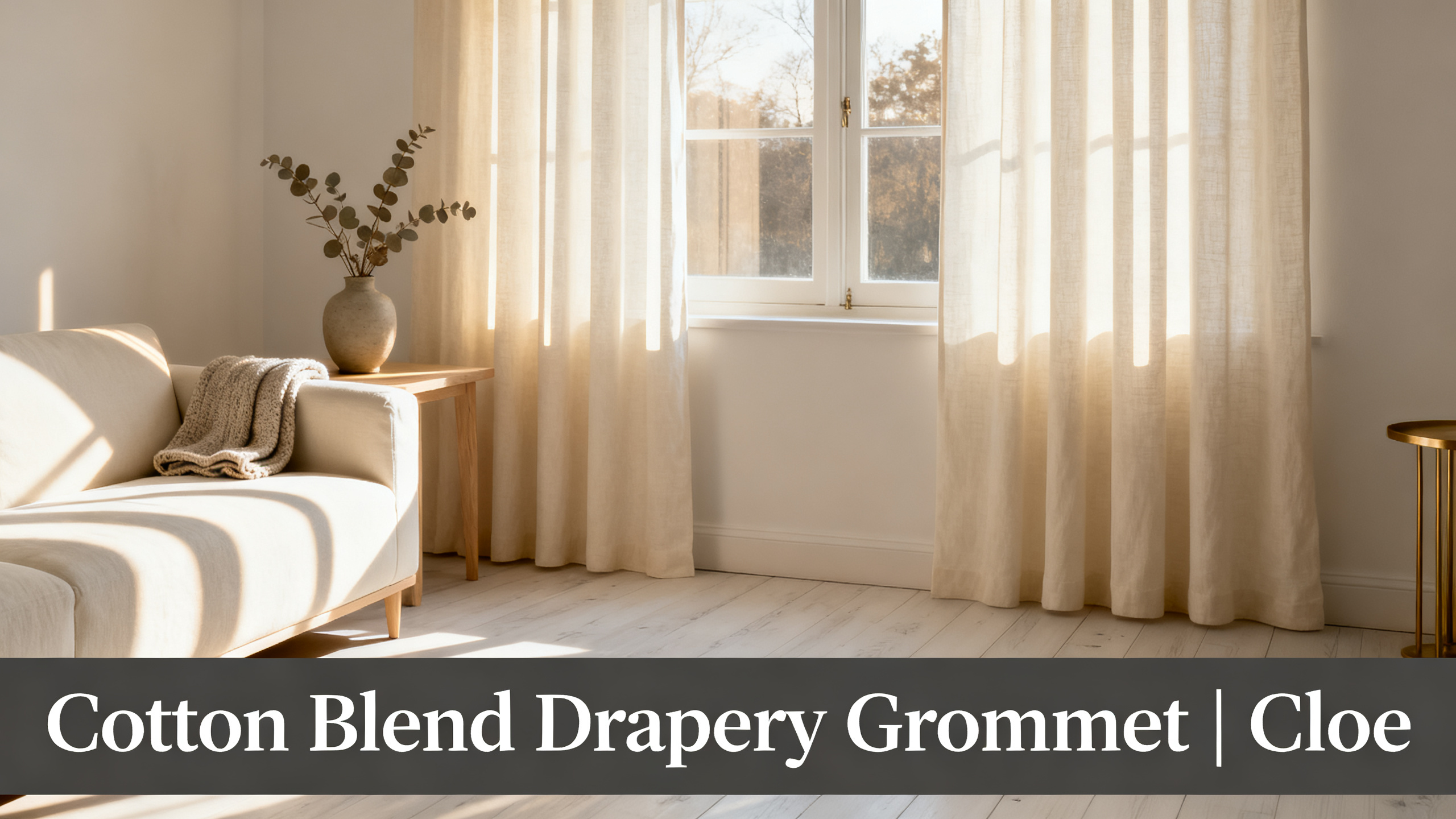 Scandinavian-modern interior at golden hour with window treatment, neutral palette, editorial home photography for Cotton Blend Drapery Grommet | Cloe