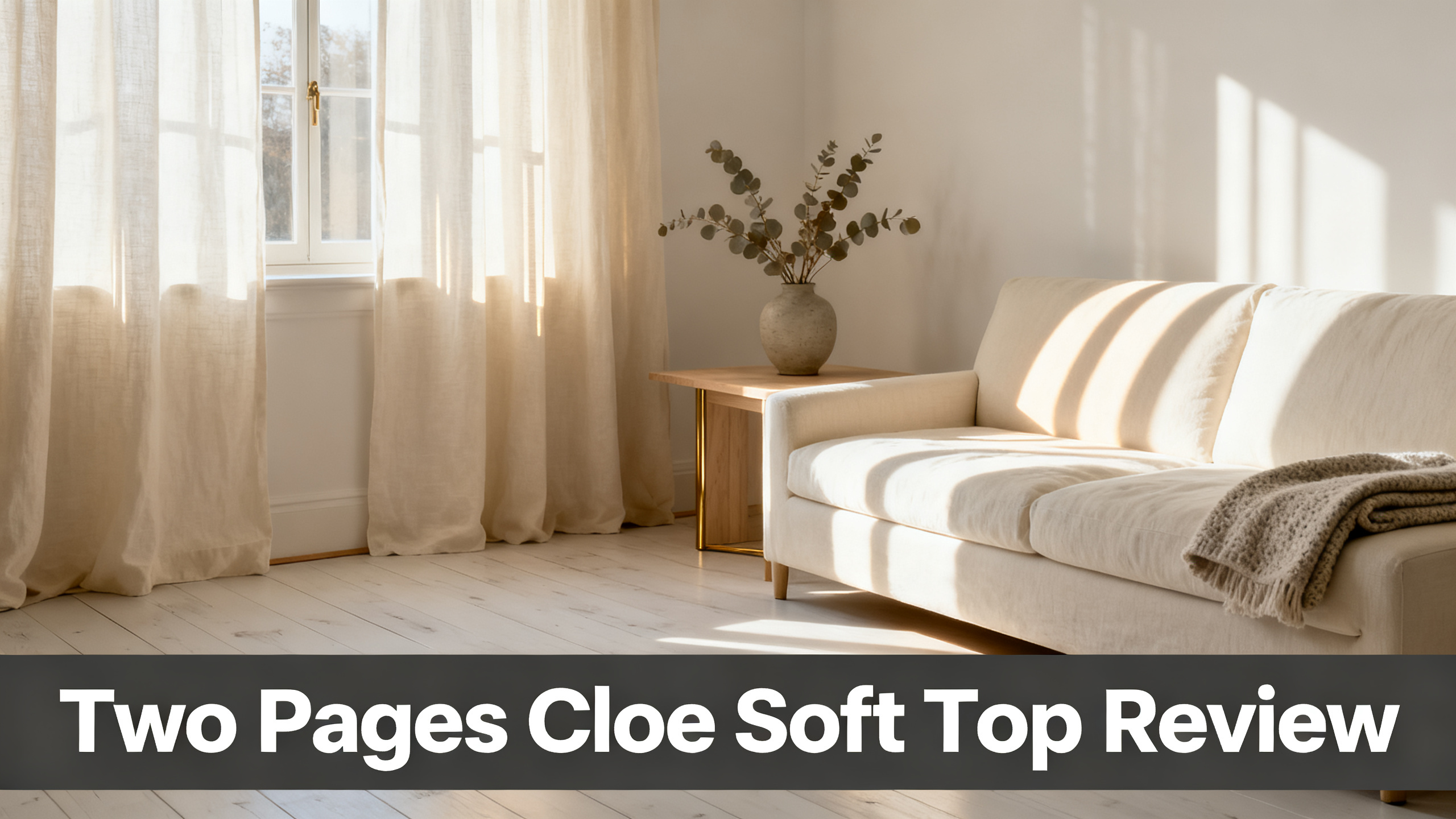 Scandinavian-modern interior at golden hour with window treatment, neutral palette, editorial home photography for Two Pages Cloe Soft Top Review