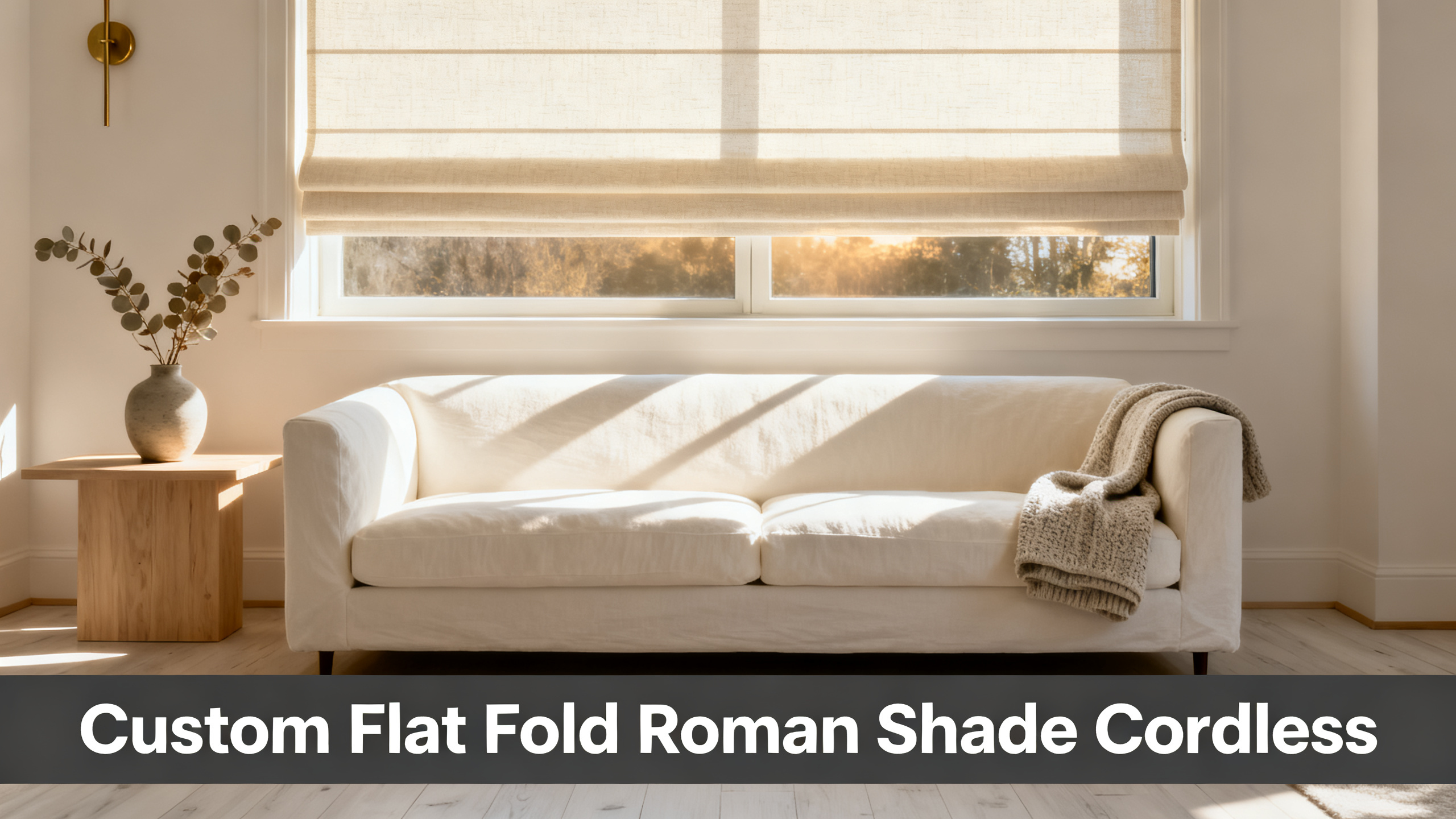 Scandinavian-modern interior at golden hour with window treatment, neutral palette, editorial home photography for Custom Flat Fold Roman Shade Cordless