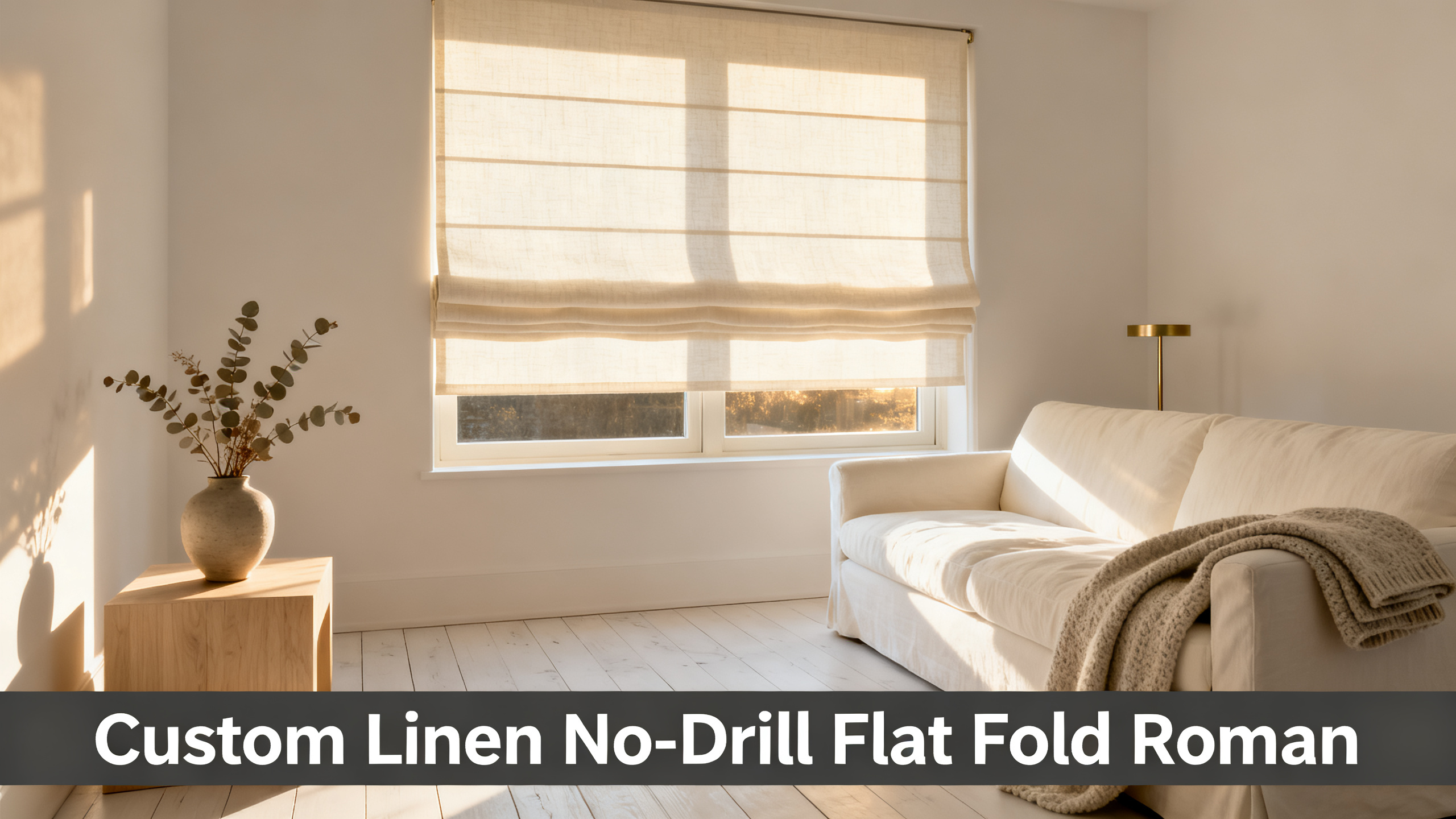 Scandinavian-modern interior at golden hour with window treatment, neutral palette, editorial home photography for Custom Linen No-Drill Flat Fold Roman