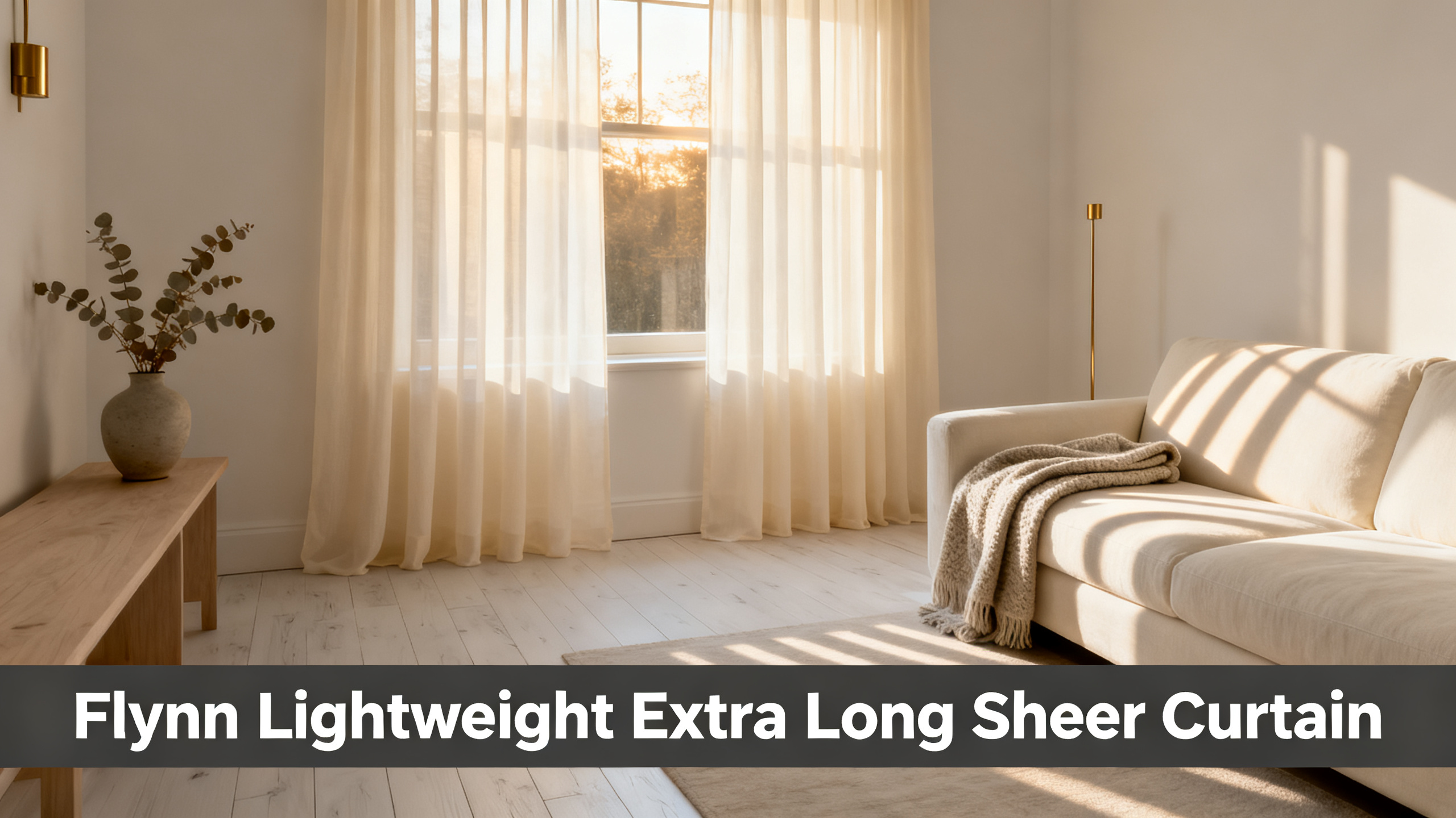 Scandinavian-modern interior at golden hour with window treatment, neutral palette, editorial home photography for Flynn Lightweight Extra Long Sheer Curtain