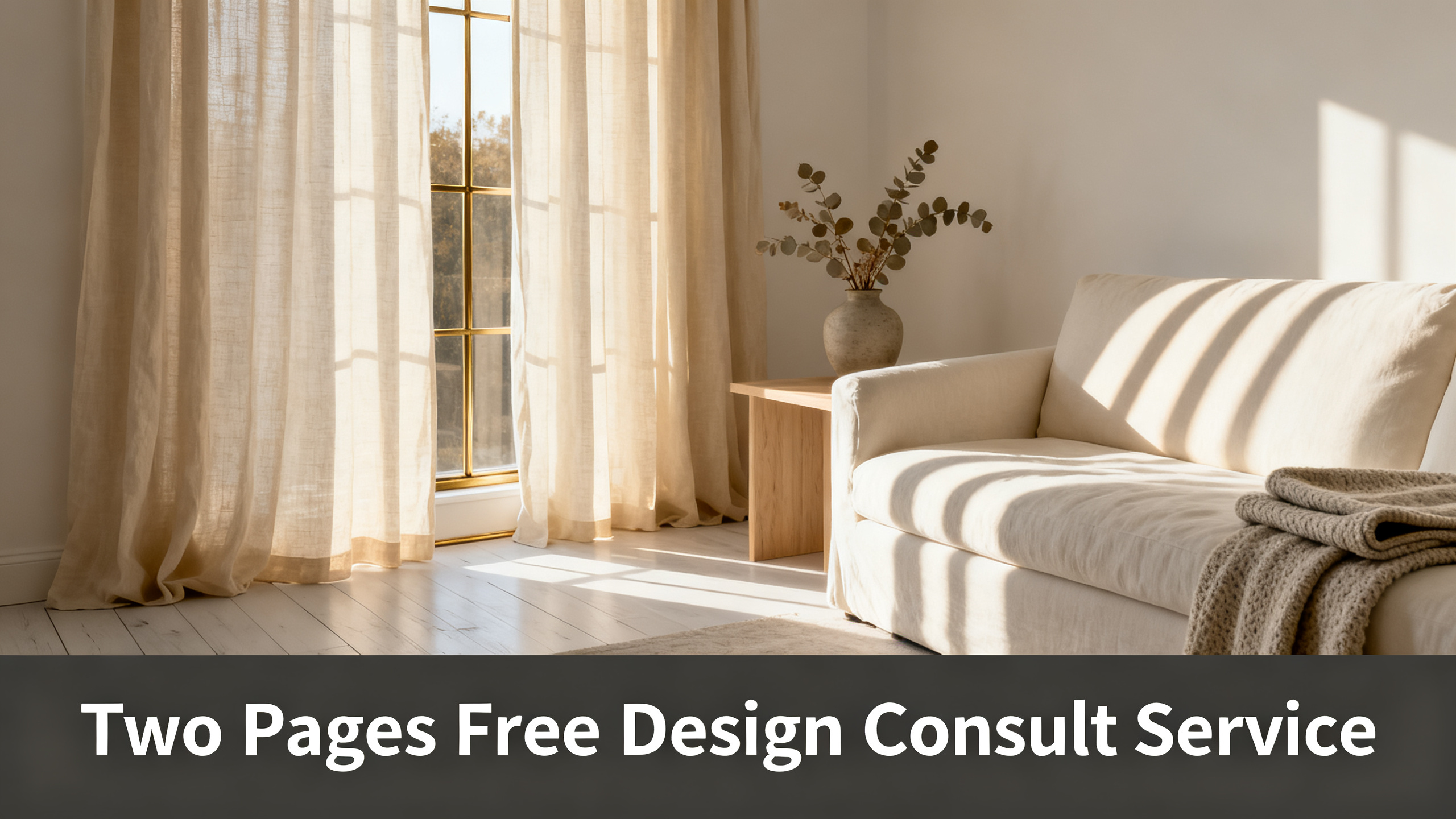 Scandinavian-modern interior at golden hour with window treatment, neutral palette, editorial home photography for Two Pages Free Design Consult Service