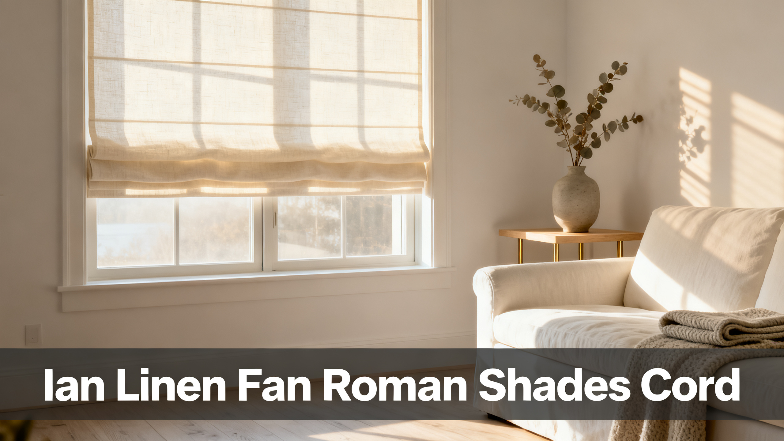 Scandinavian-modern interior at golden hour with window treatment, neutral palette, editorial home photography for Ian Linen Fan Roman Shades Cord