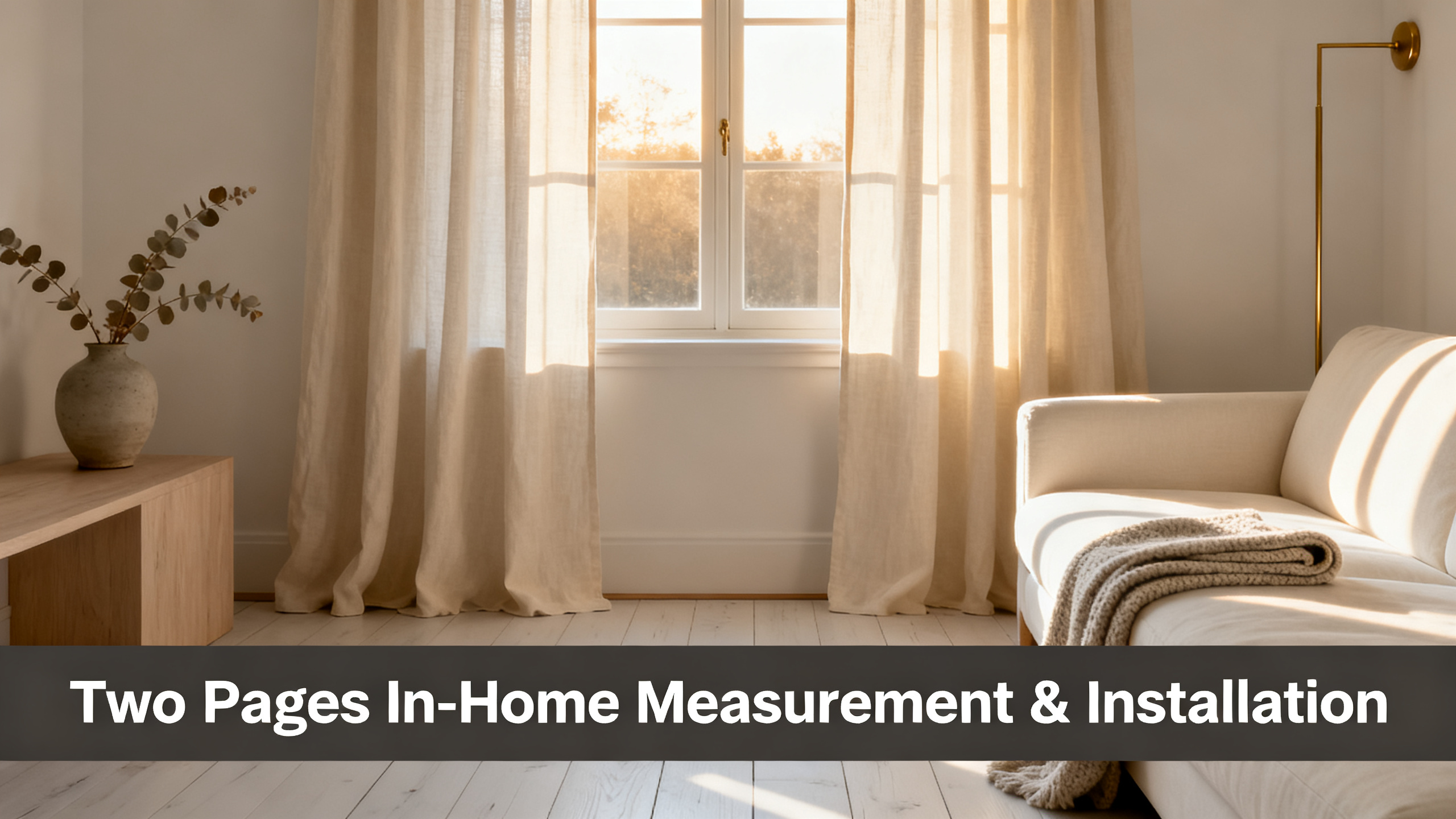 Scandinavian-modern interior at golden hour with window treatment, neutral palette, editorial home photography for Two Pages In-Home Measurement & Installation