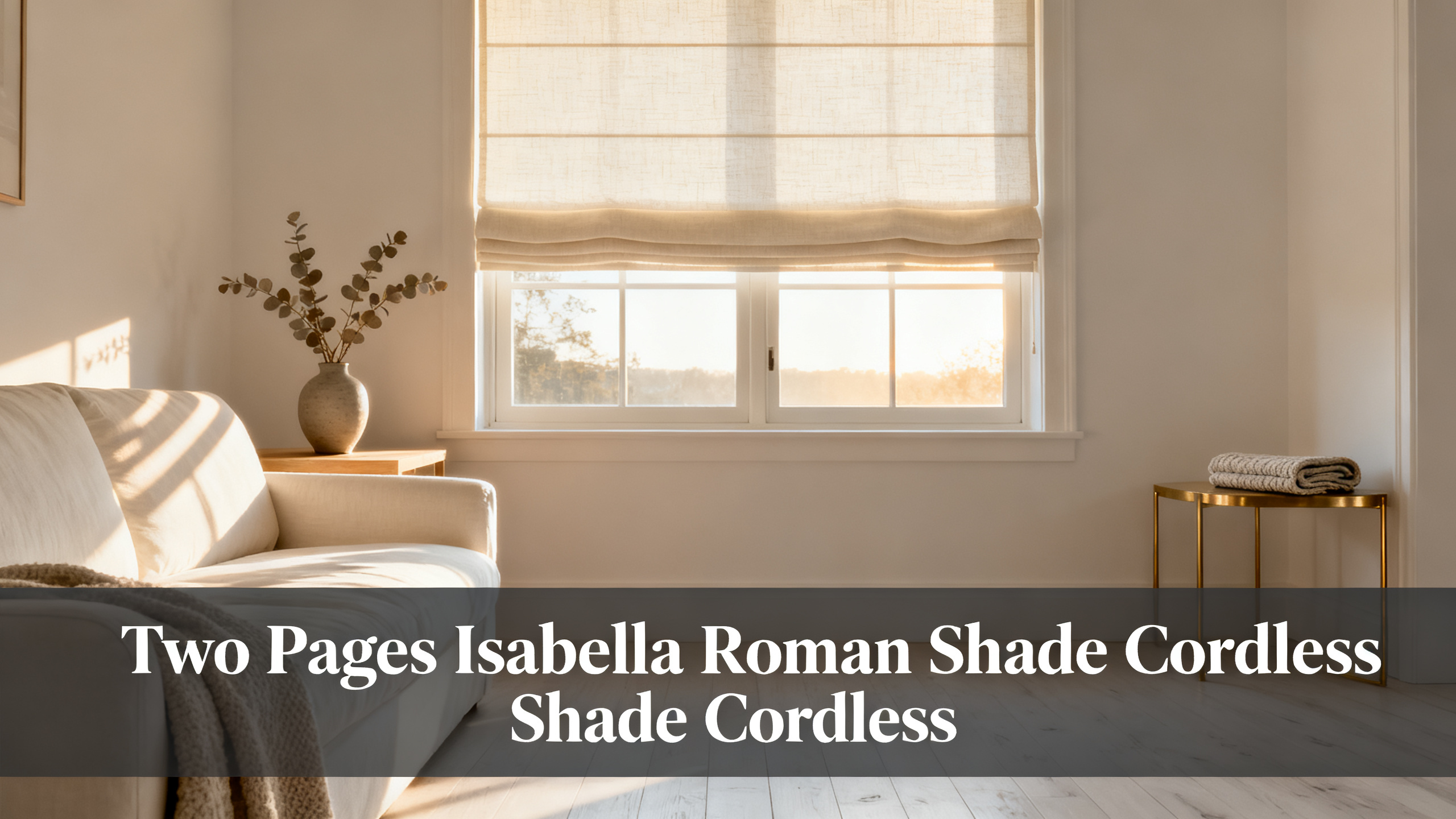 Scandinavian-modern interior at golden hour with window treatment, neutral palette, editorial home photography for Two Pages Isabella Roman Shade Cordless