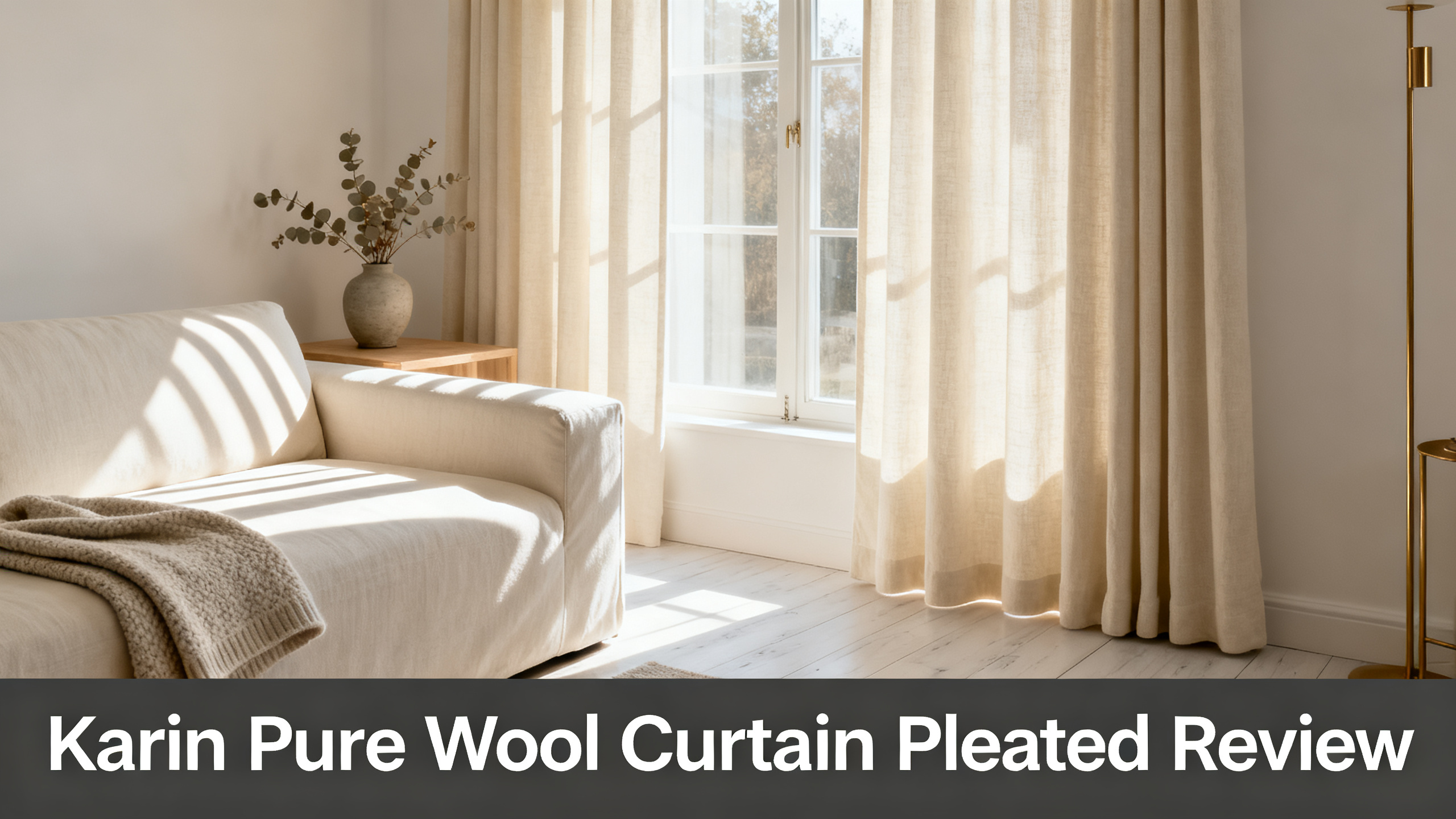 Scandinavian-modern interior at golden hour with window treatment, neutral palette, editorial home photography for Karin Pure Wool Curtain Pleated Review