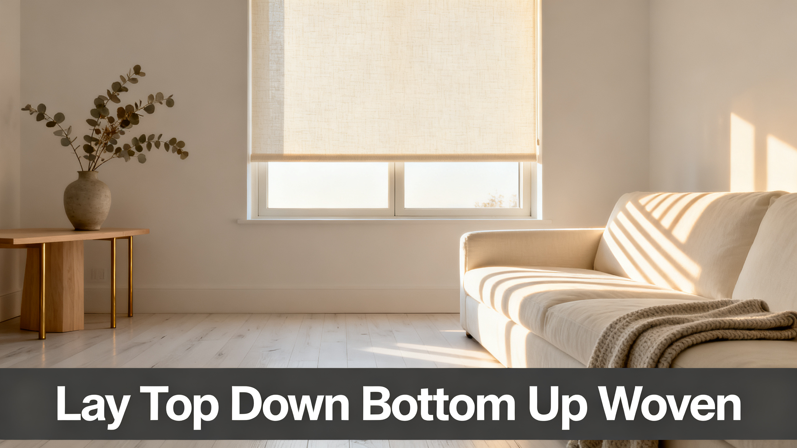 Scandinavian-modern interior at golden hour with window treatment, neutral palette, editorial home photography for Lay Top Down Bottom Up Woven