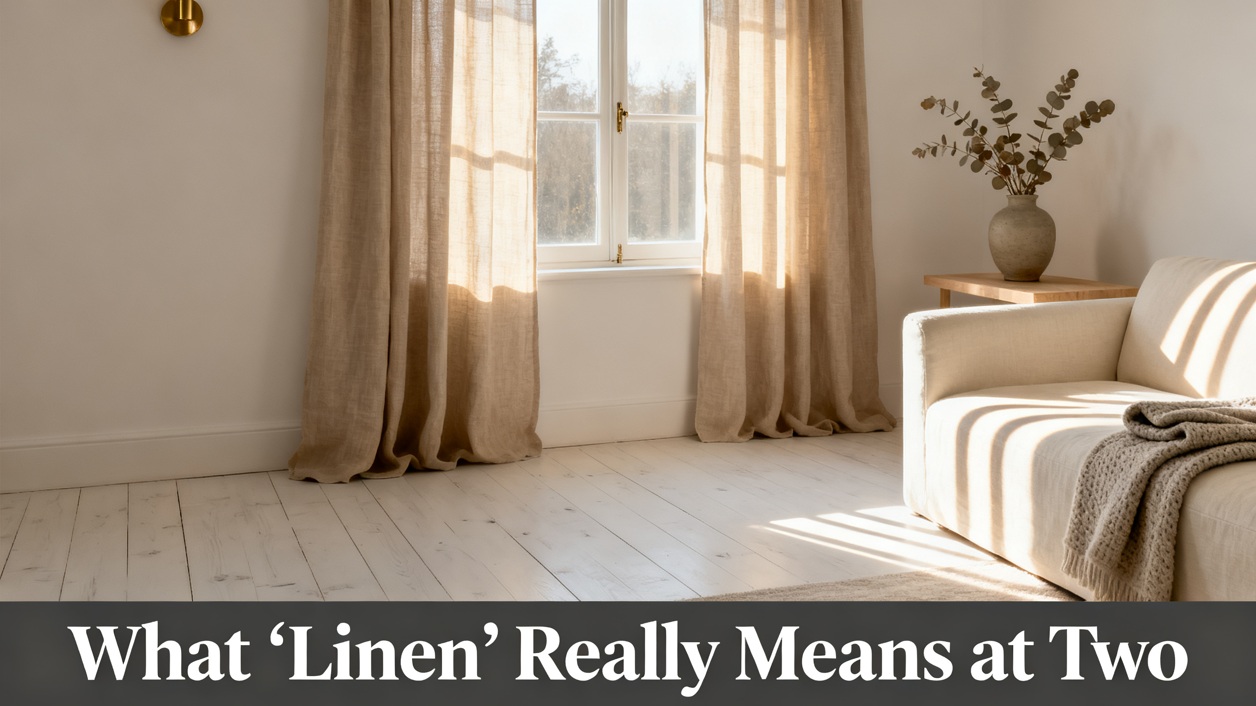 Scandinavian-modern interior at golden hour with window treatment, neutral palette, editorial home photography for What &lsquo;Linen&rsquo; Really Means at Two