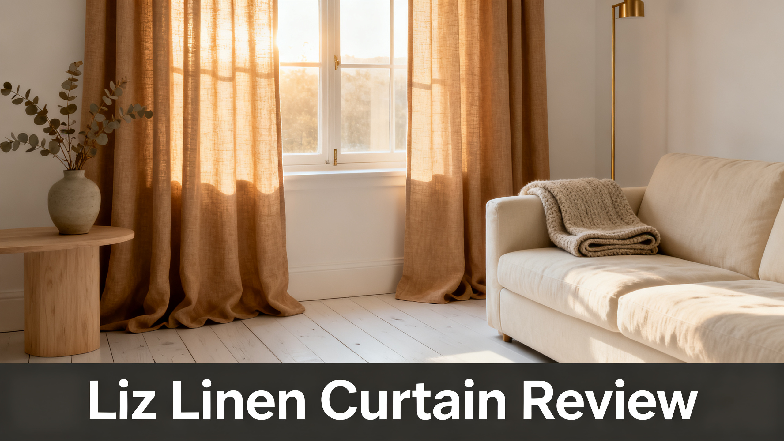 Scandinavian-modern living room at golden hour with floor-length oatmeal linen curtains pooling at the white-washed oak floor, cream linen sofa