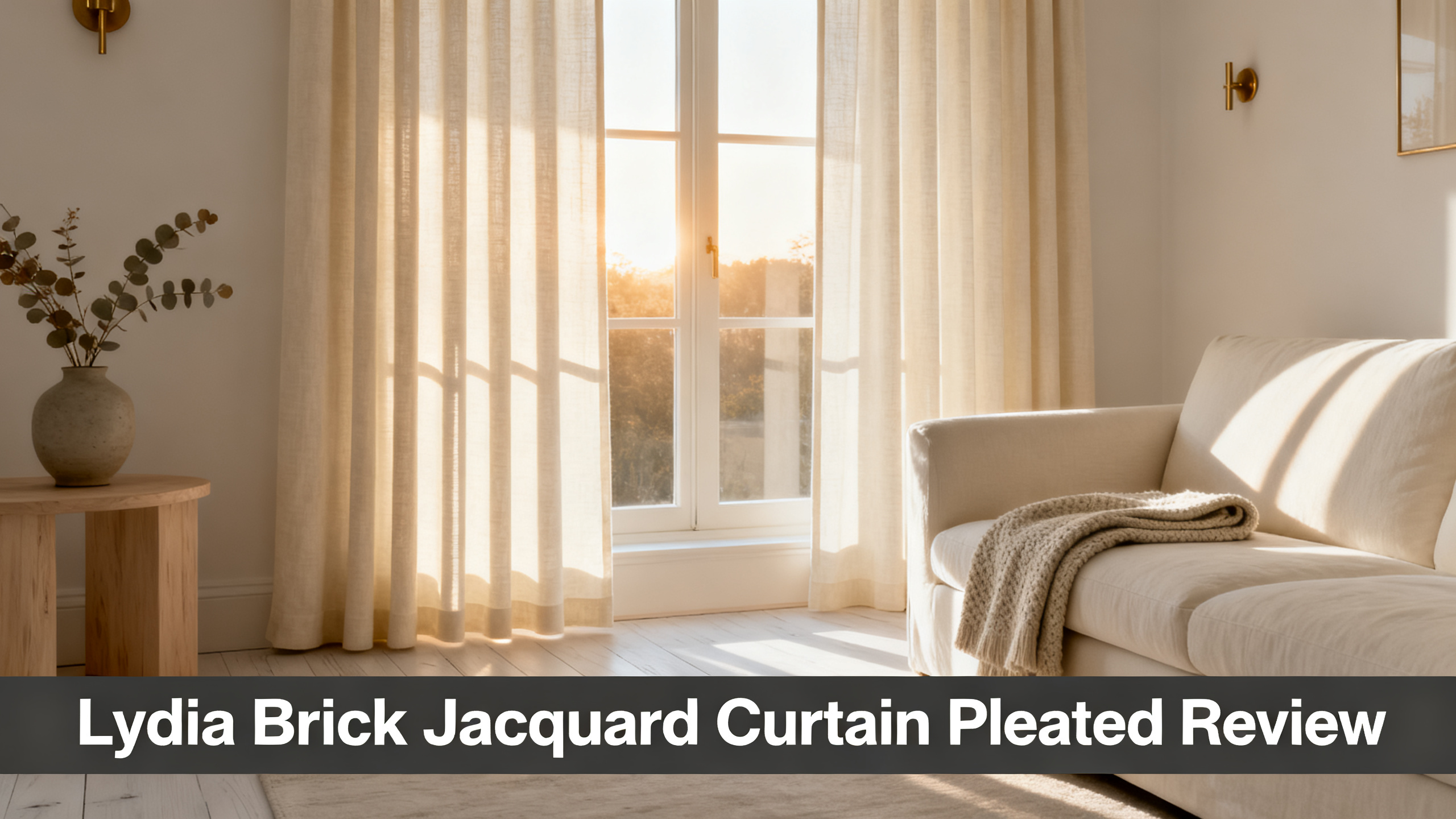 Scandinavian-modern interior at golden hour with window treatment, neutral palette, editorial home photography for Lydia Brick Jacquard Curtain Pleated Review