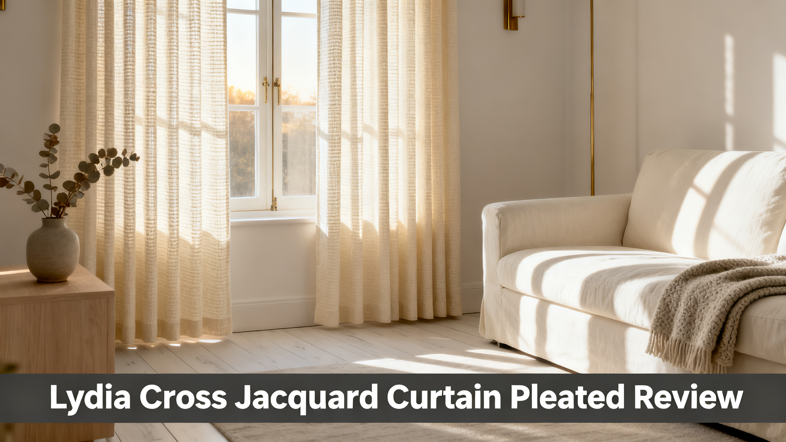 Scandinavian-modern interior at golden hour with window treatment, neutral palette, editorial home photography for Lydia Cross Jacquard Curtain Pleated Review