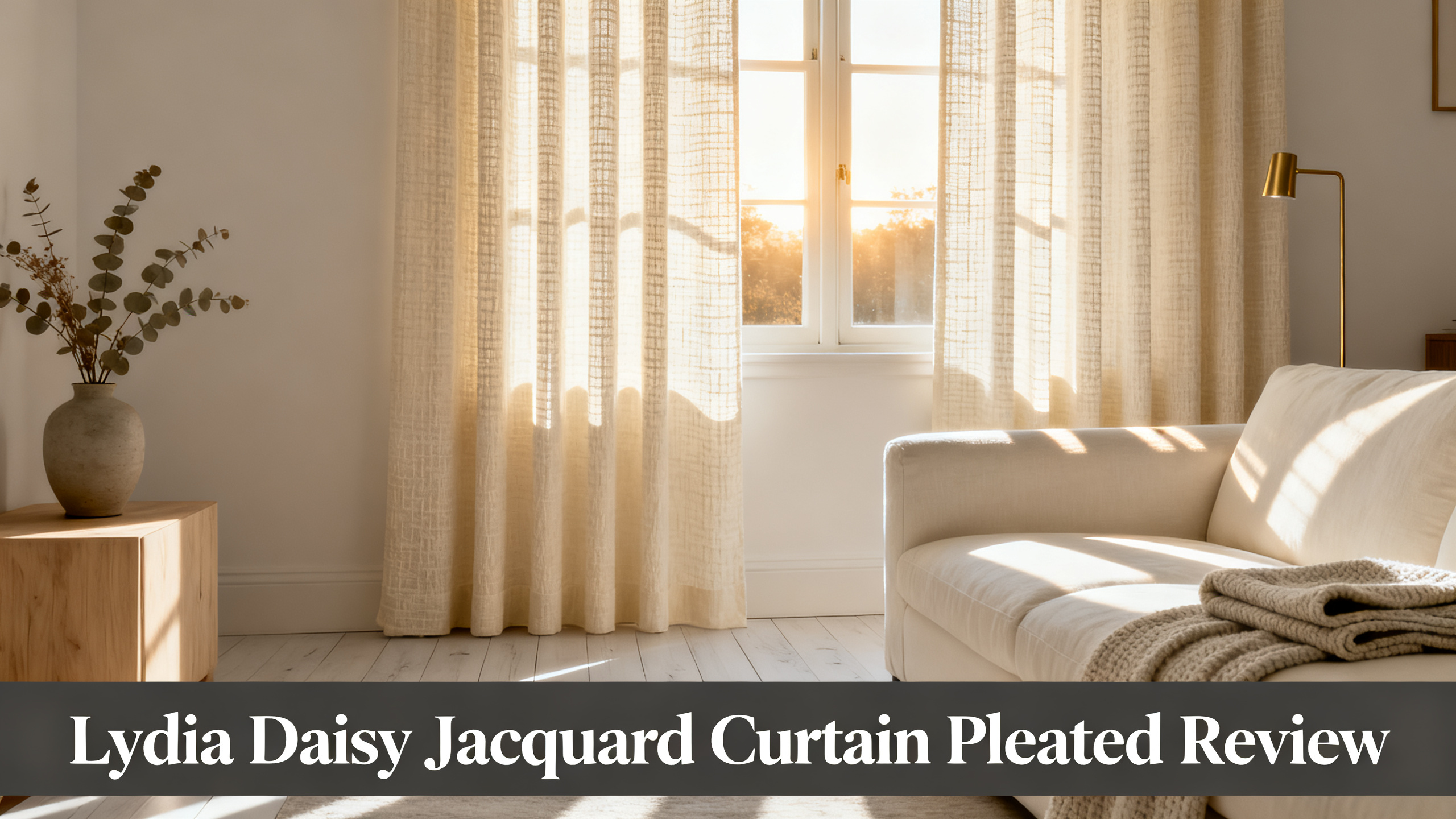 Scandinavian-modern interior at golden hour with window treatment, neutral palette, editorial home photography for Lydia Daisy Jacquard Curtain Pleated Review