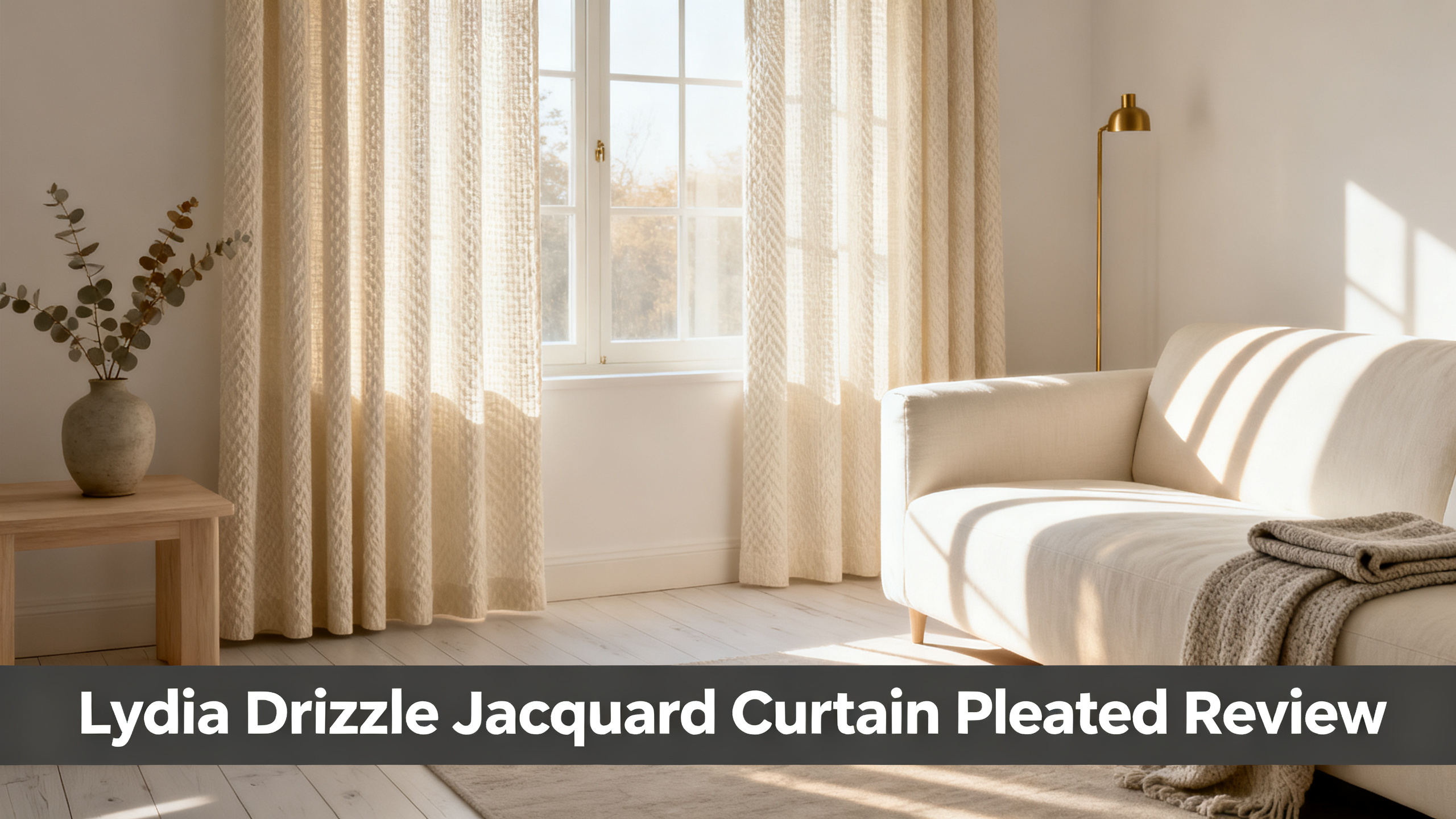 Scandinavian-modern interior at golden hour with window treatment, neutral palette, editorial home photography for Lydia Drizzle Jacquard Curtain Pleated Review