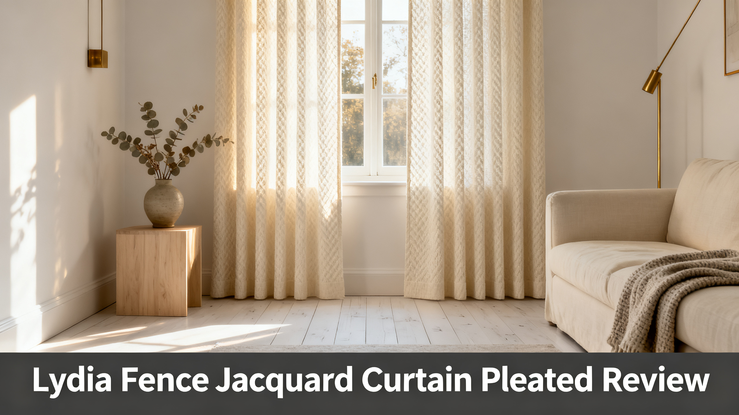 Scandinavian-modern interior at golden hour with window treatment, neutral palette, editorial home photography for Lydia Fence Jacquard Curtain Pleated Review