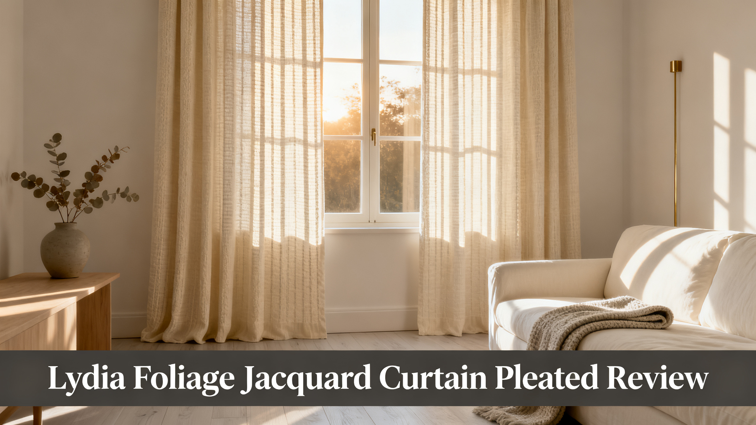Scandinavian-modern interior at golden hour with window treatment, neutral palette, editorial home photography for Lydia Foliage Jacquard Curtain Pleated Review