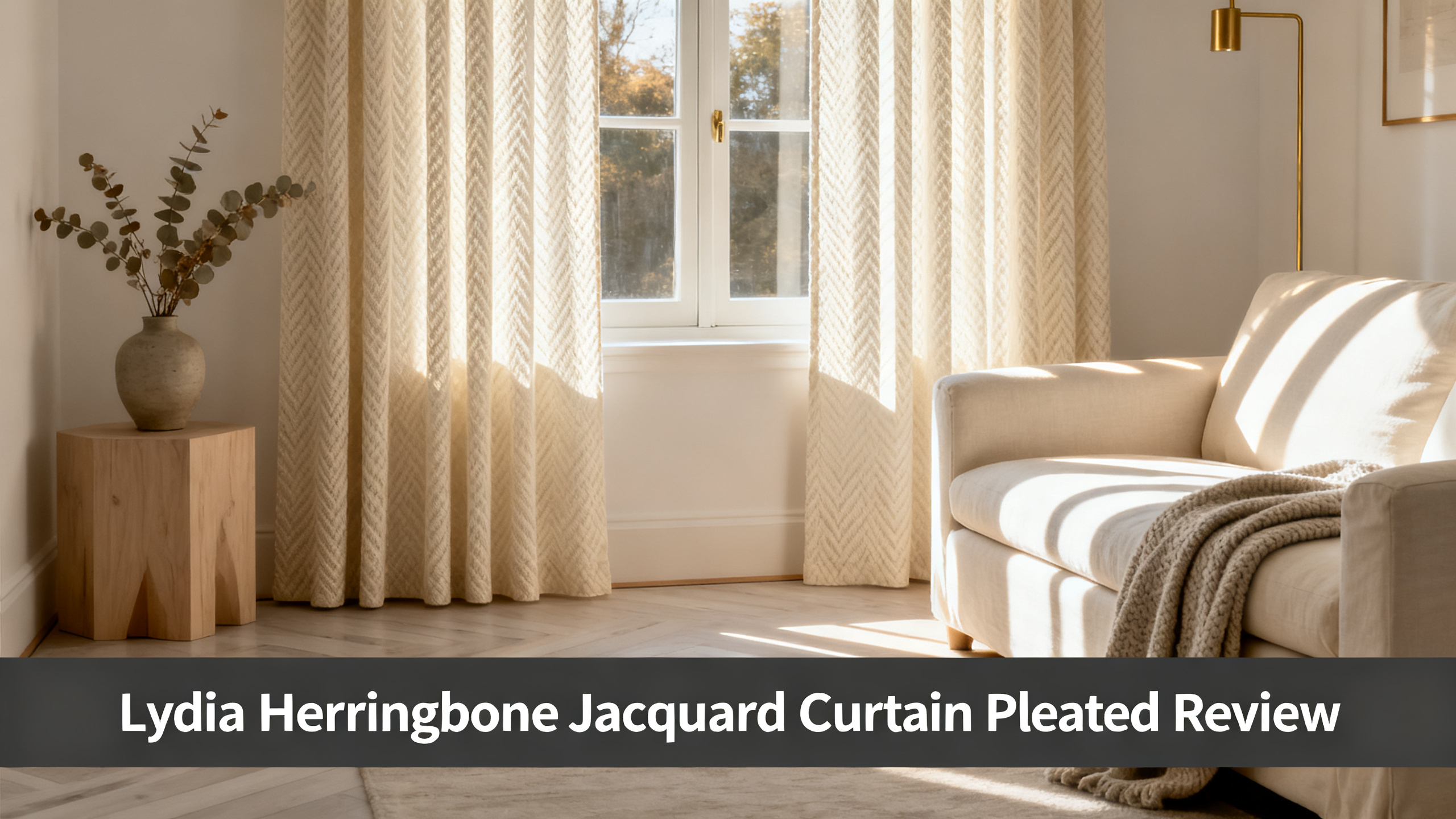 Scandinavian-modern interior at golden hour with window treatment, neutral palette, editorial home photography for Lydia Herringbone Jacquard Curtain Pleated Review