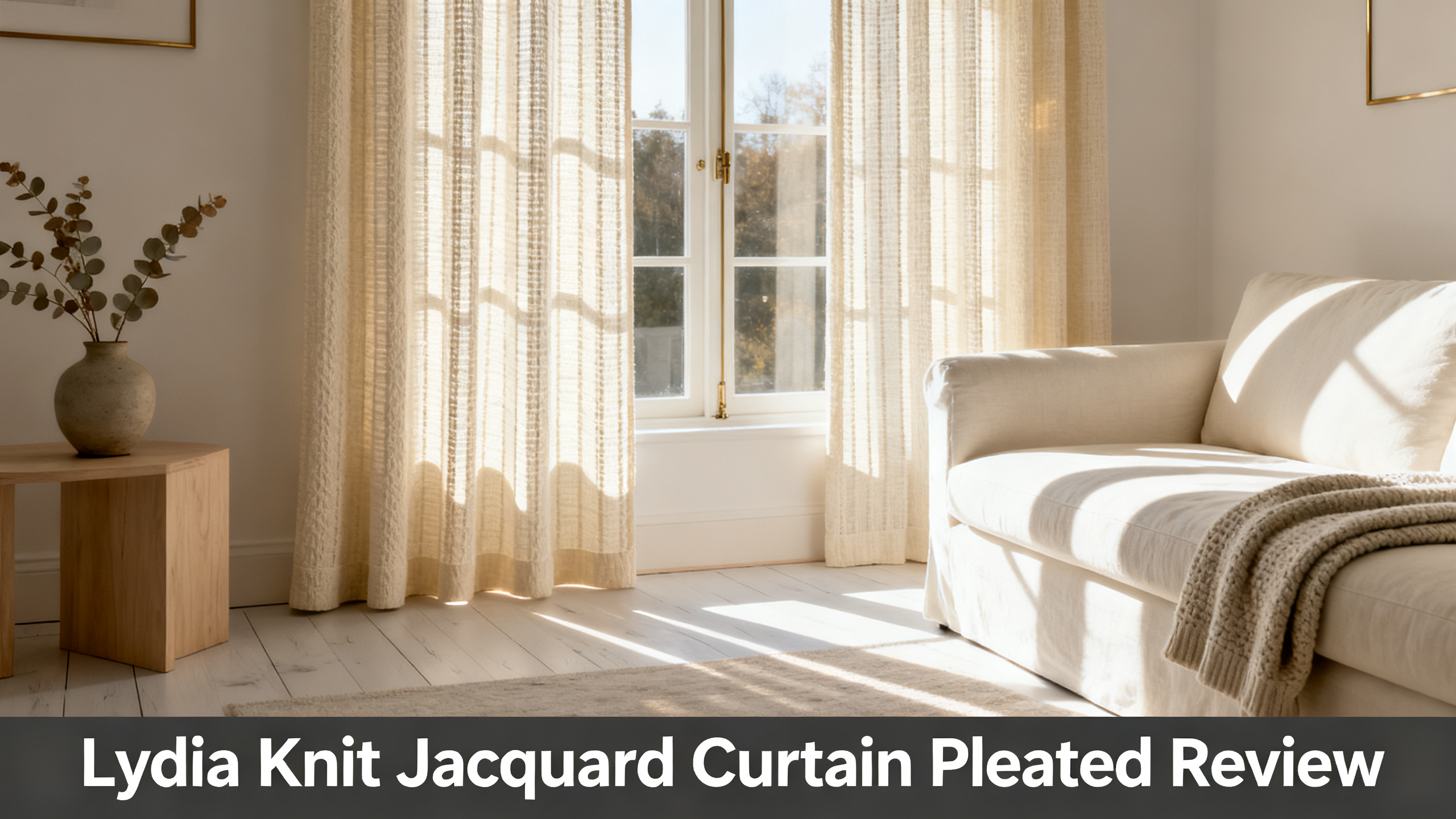 Scandinavian-modern interior at golden hour with window treatment, neutral palette, editorial home photography for Lydia Knit Jacquard Curtain Pleated Review
