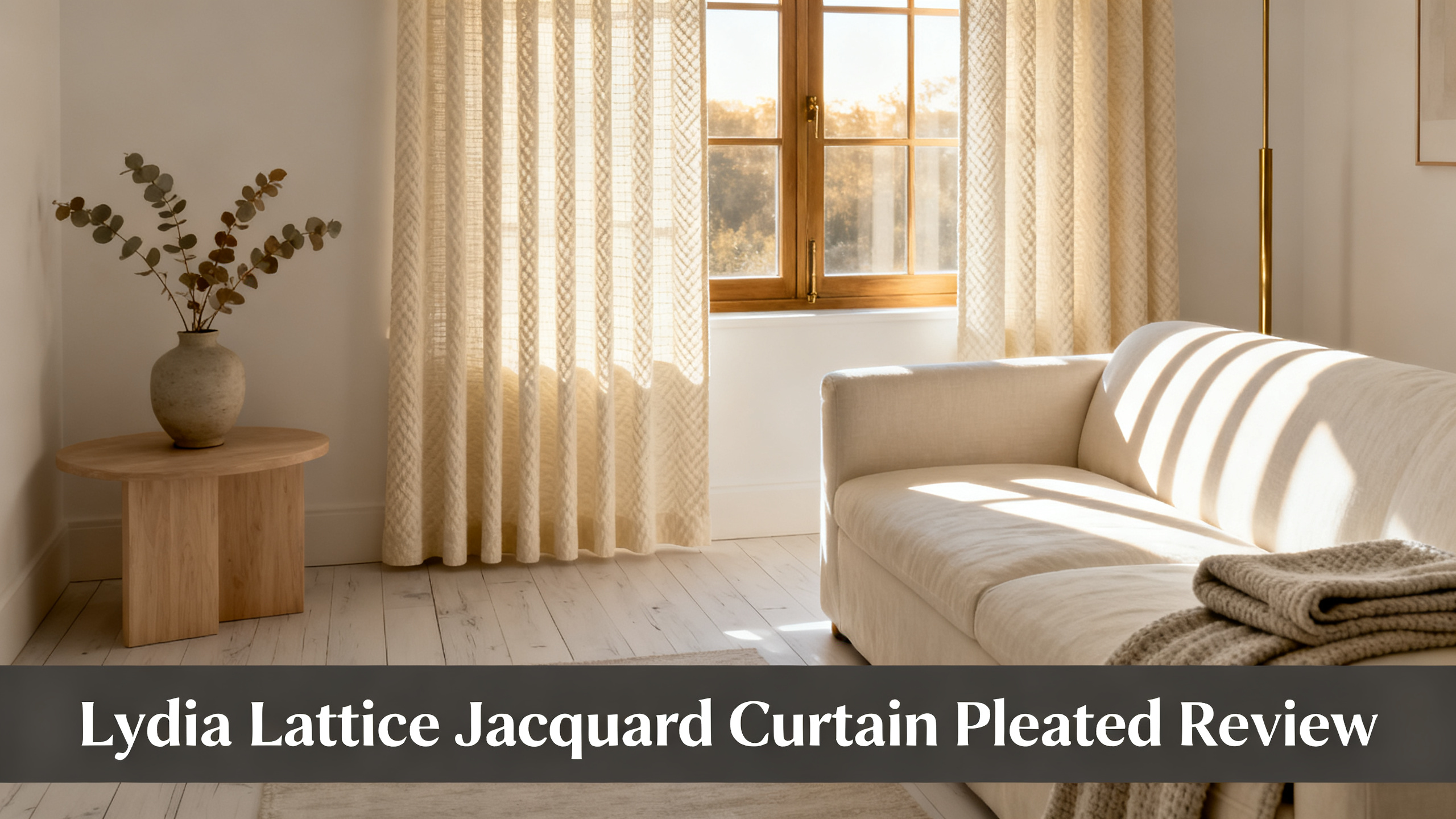 Scandinavian-modern interior at golden hour with window treatment, neutral palette, editorial home photography for Lydia Lattice Jacquard Curtain Pleated Review