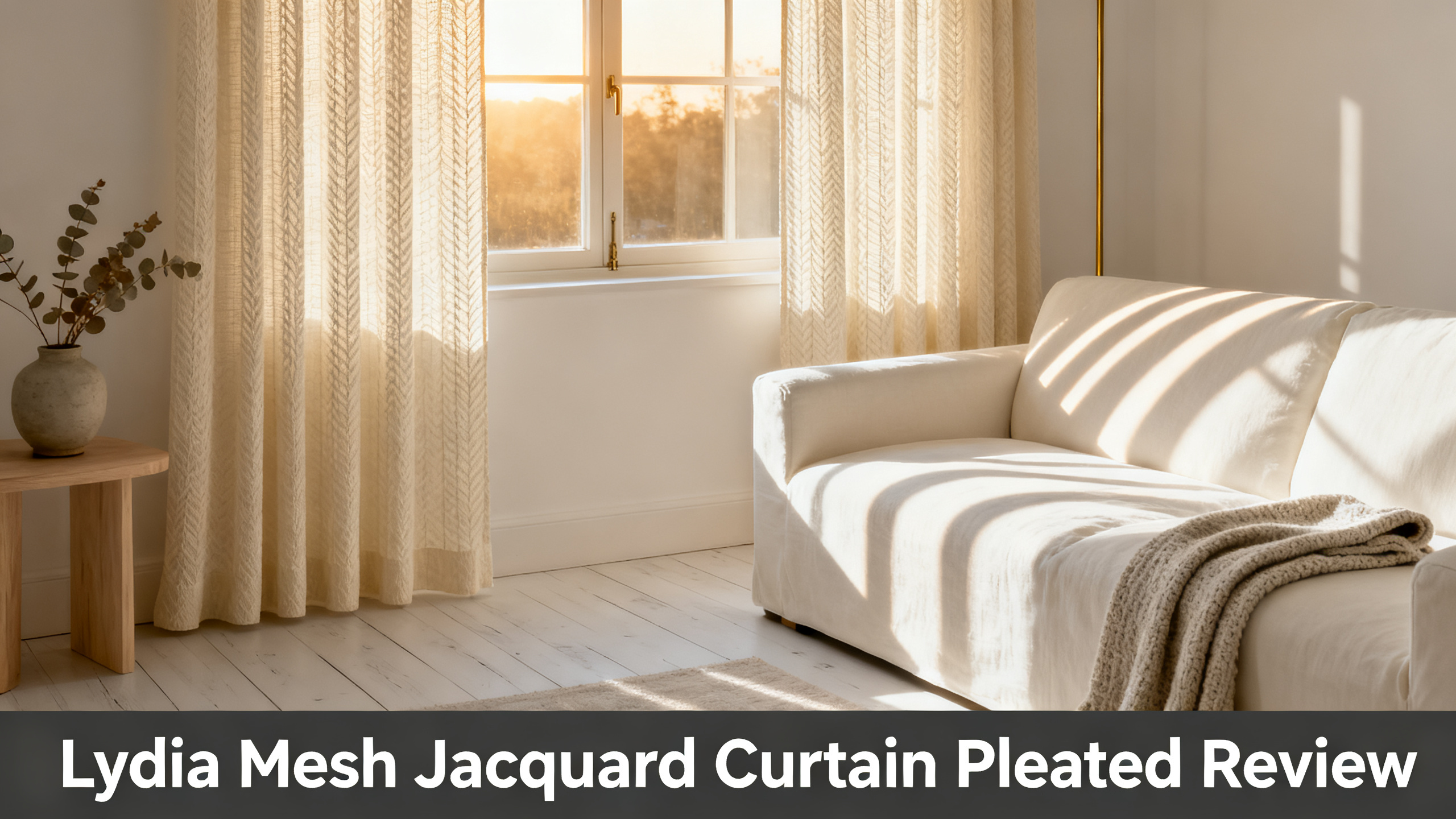 Scandinavian-modern interior at golden hour with window treatment, neutral palette, editorial home photography for Lydia Mesh Jacquard Curtain Pleated Review