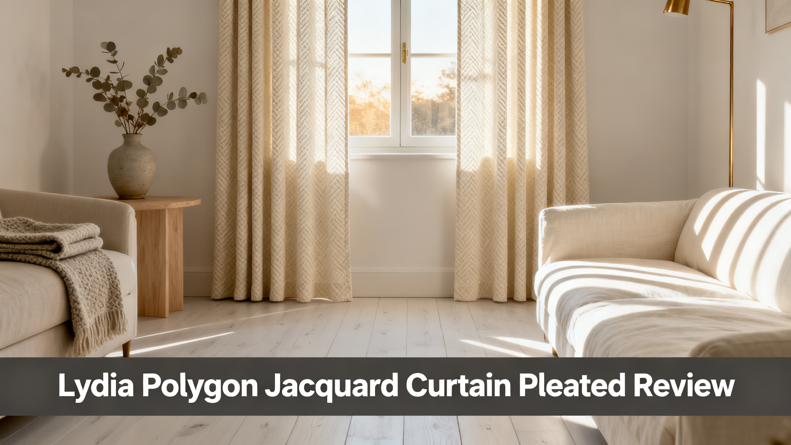 Scandinavian-modern interior at golden hour with window treatment, neutral palette, editorial home photography for Lydia Polygon Jacquard Curtain Pleated Review
