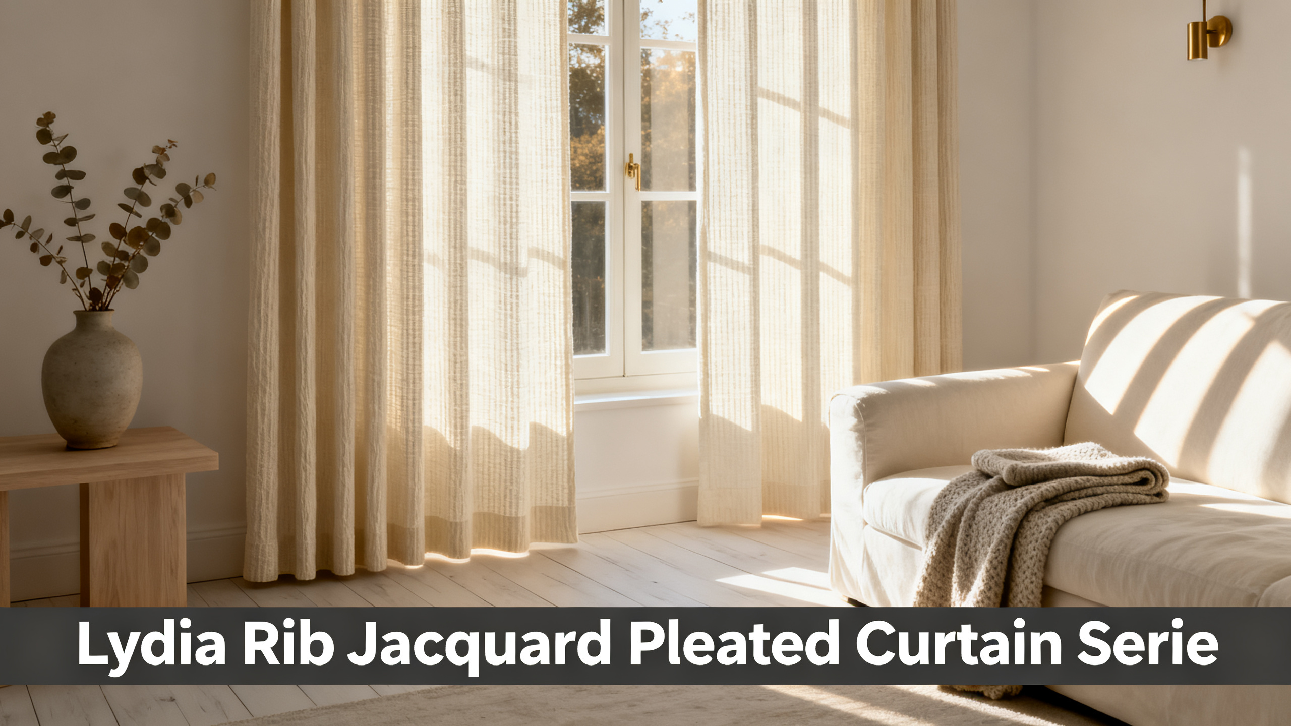 Scandinavian-modern interior at golden hour with window treatment, neutral palette, editorial home photography for Lydia Rib Jacquard Pleated Curtain Serie