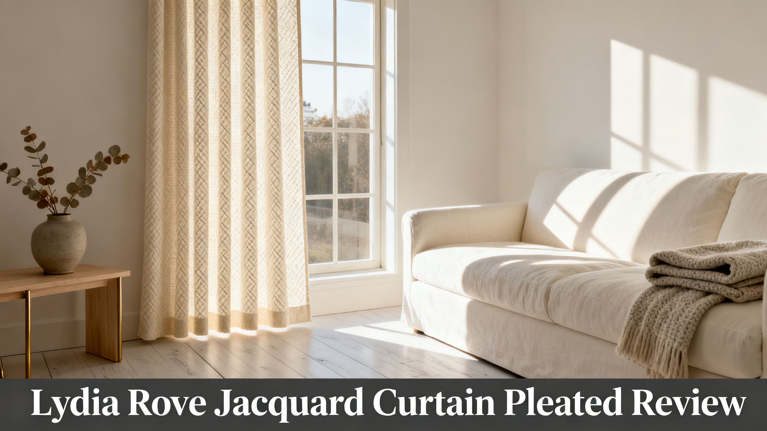 Scandinavian-modern interior at golden hour with window treatment, neutral palette, editorial home photography for Lydia Rove Jacquard Curtain Pleated Review