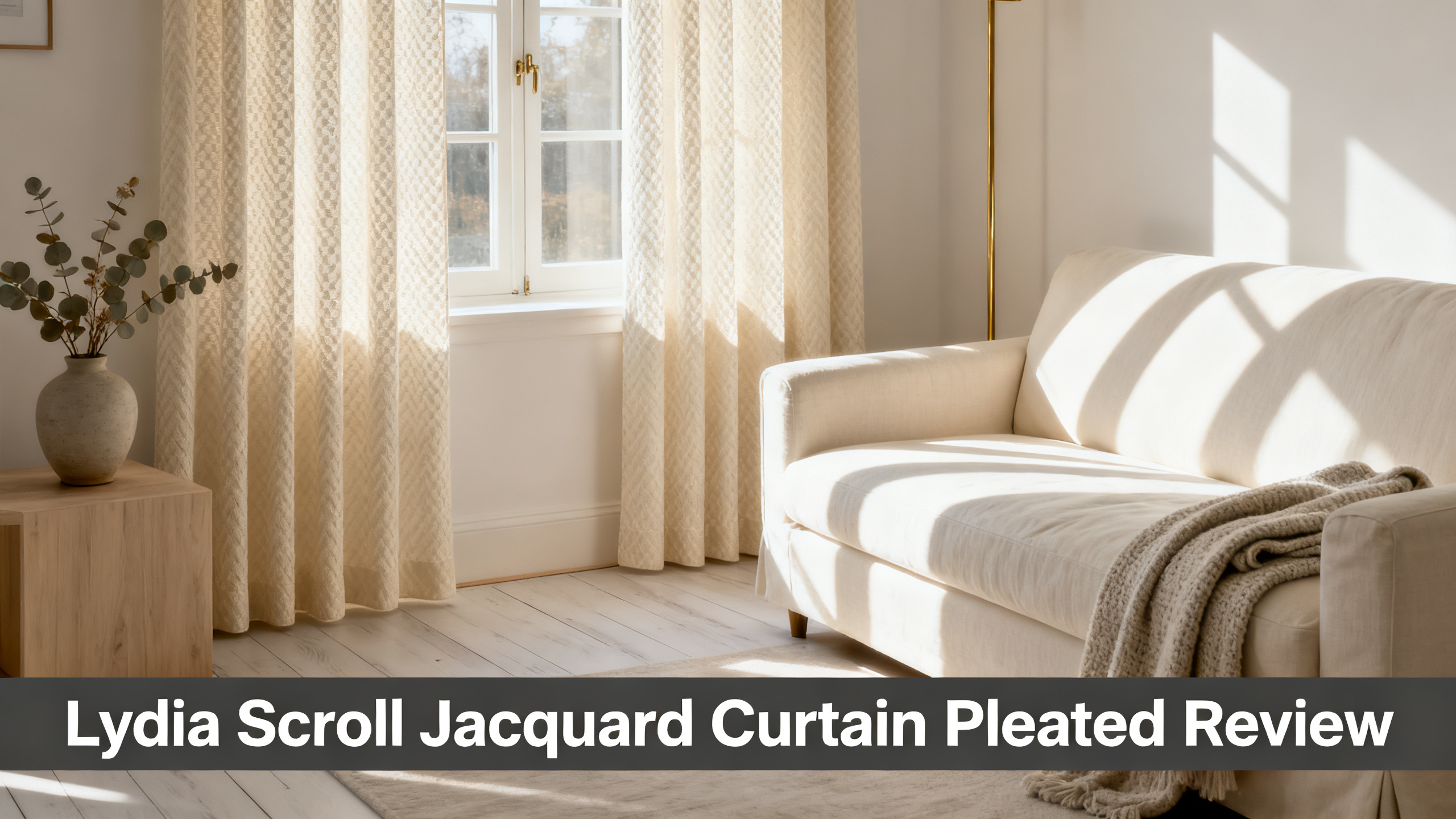 Scandinavian-modern interior at golden hour with window treatment, neutral palette, editorial home photography for Lydia Scroll Jacquard Curtain Pleated Review