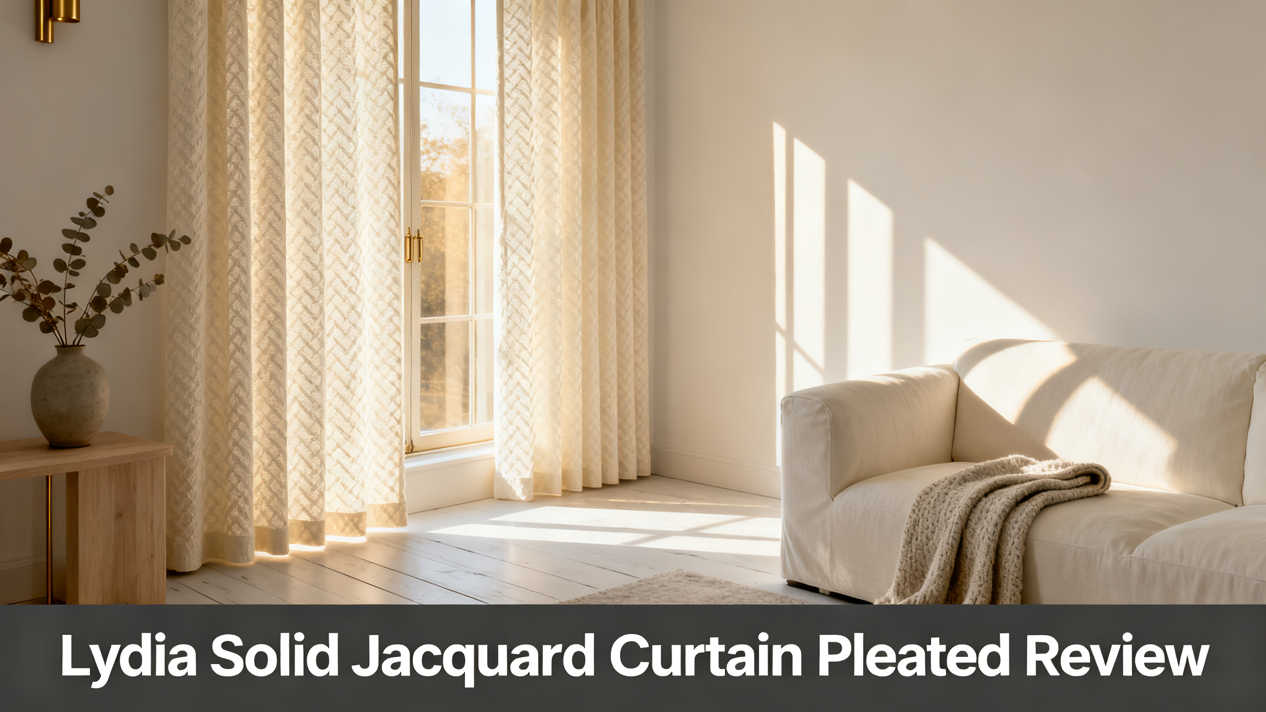 Scandinavian-modern interior at golden hour with window treatment, neutral palette, editorial home photography for Lydia Solid Jacquard Curtain Pleated Review