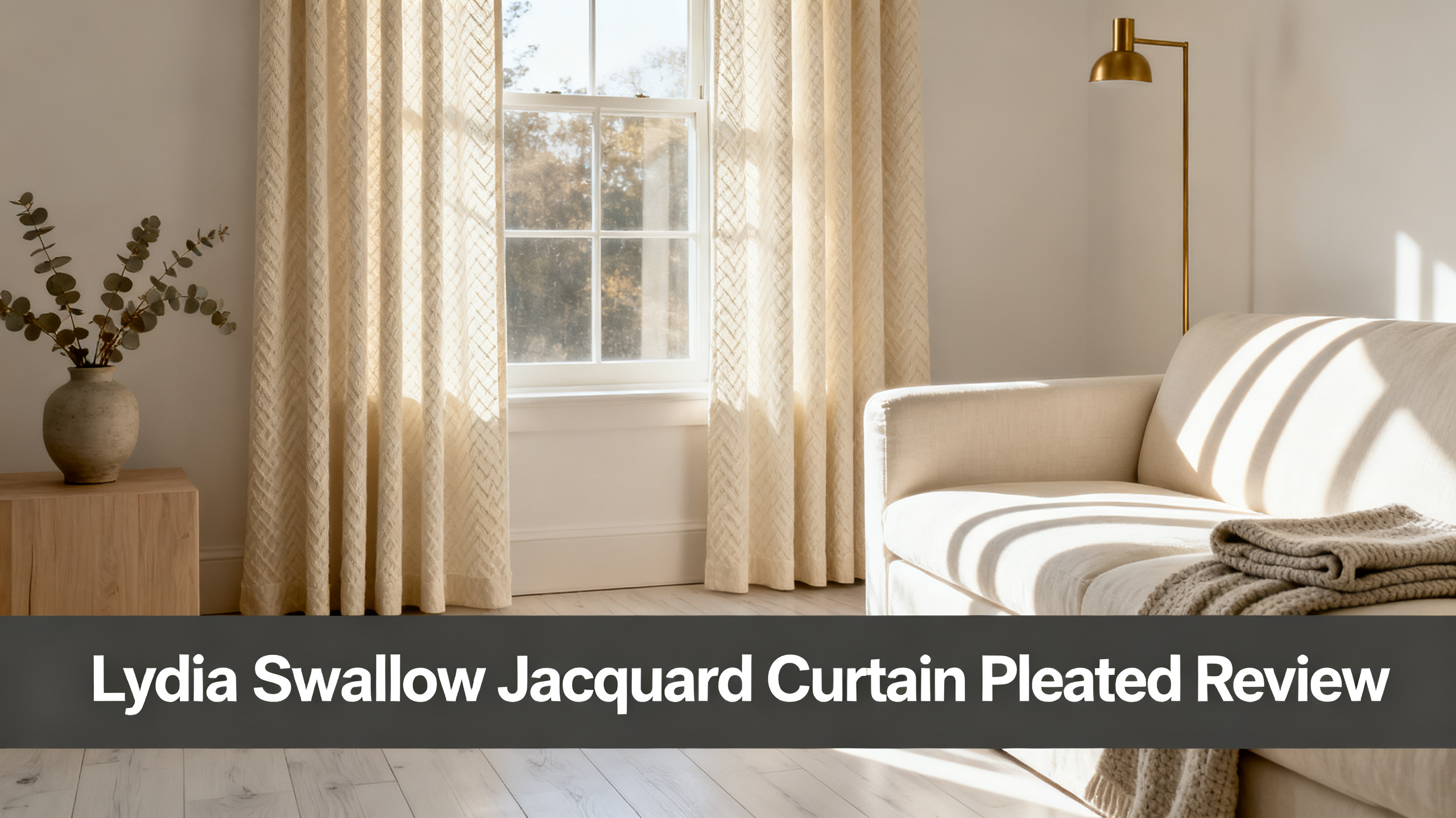 Scandinavian-modern interior at golden hour with window treatment, neutral palette, editorial home photography for Lydia Swallow Jacquard Curtain Pleated Review