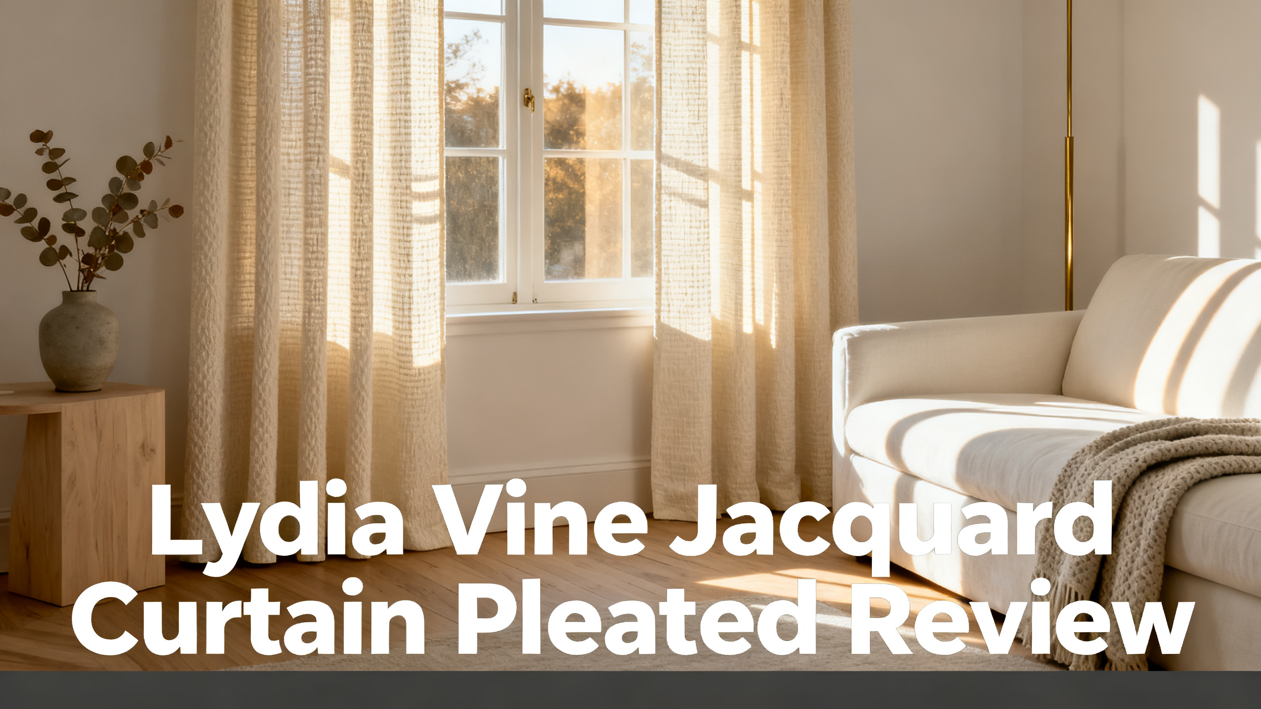 Scandinavian-modern interior at golden hour with window treatment, neutral palette, editorial home photography for Lydia Vine Jacquard Curtain Pleated Review
