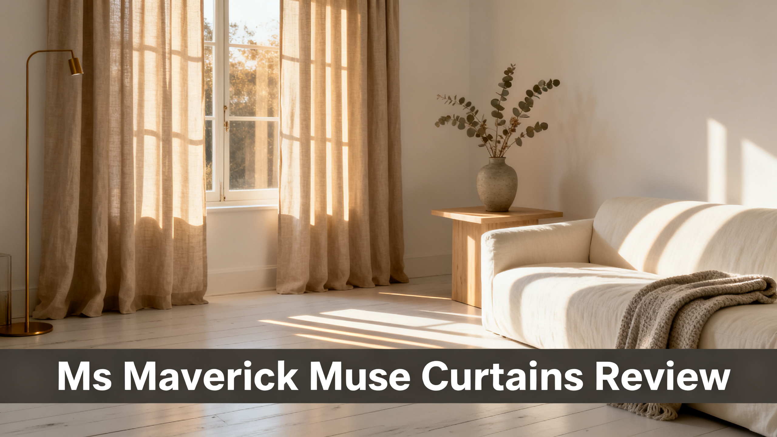 Scandinavian-modern interior at golden hour with window treatment, neutral palette, editorial home photography for Ms Maverick Muse Curtains Review