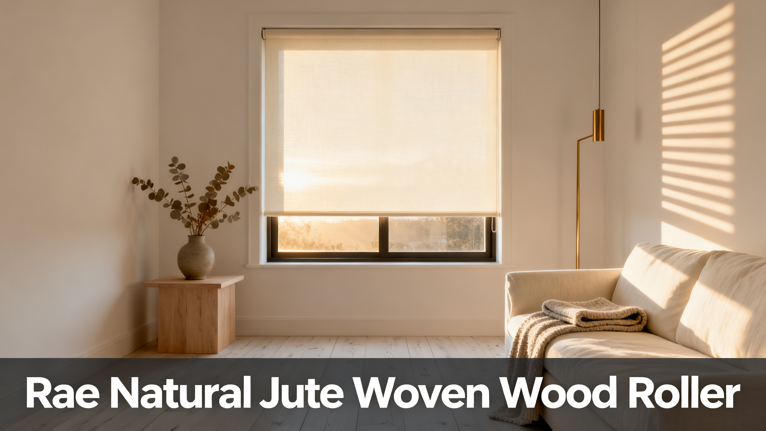 Scandinavian-modern interior at golden hour with window treatment, neutral palette, editorial home photography for Rae Natural Jute Woven Wood Roller