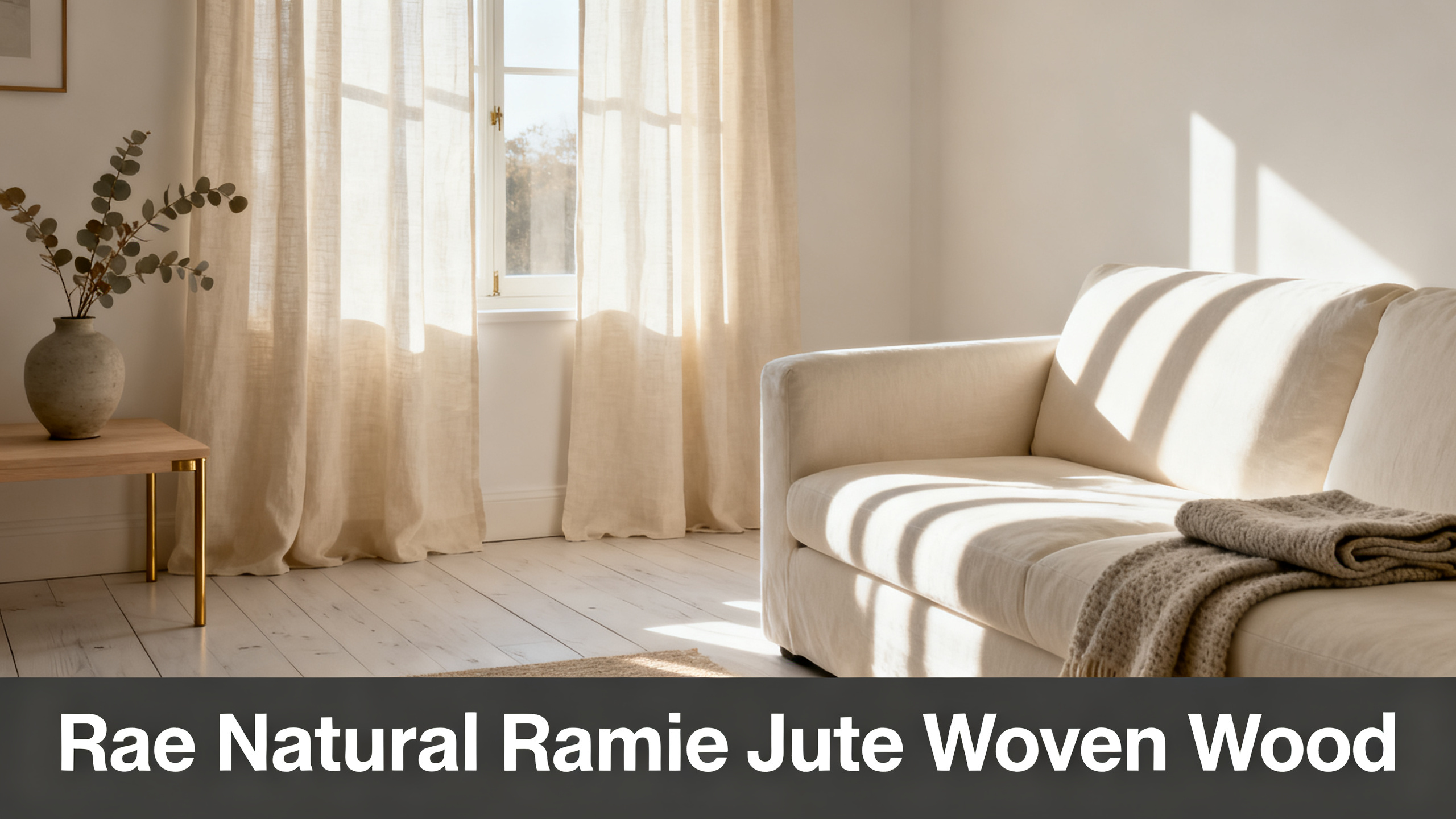 Scandinavian-modern interior at golden hour with window treatment, neutral palette, editorial home photography for Rae Natural Ramie Jute Woven Wood