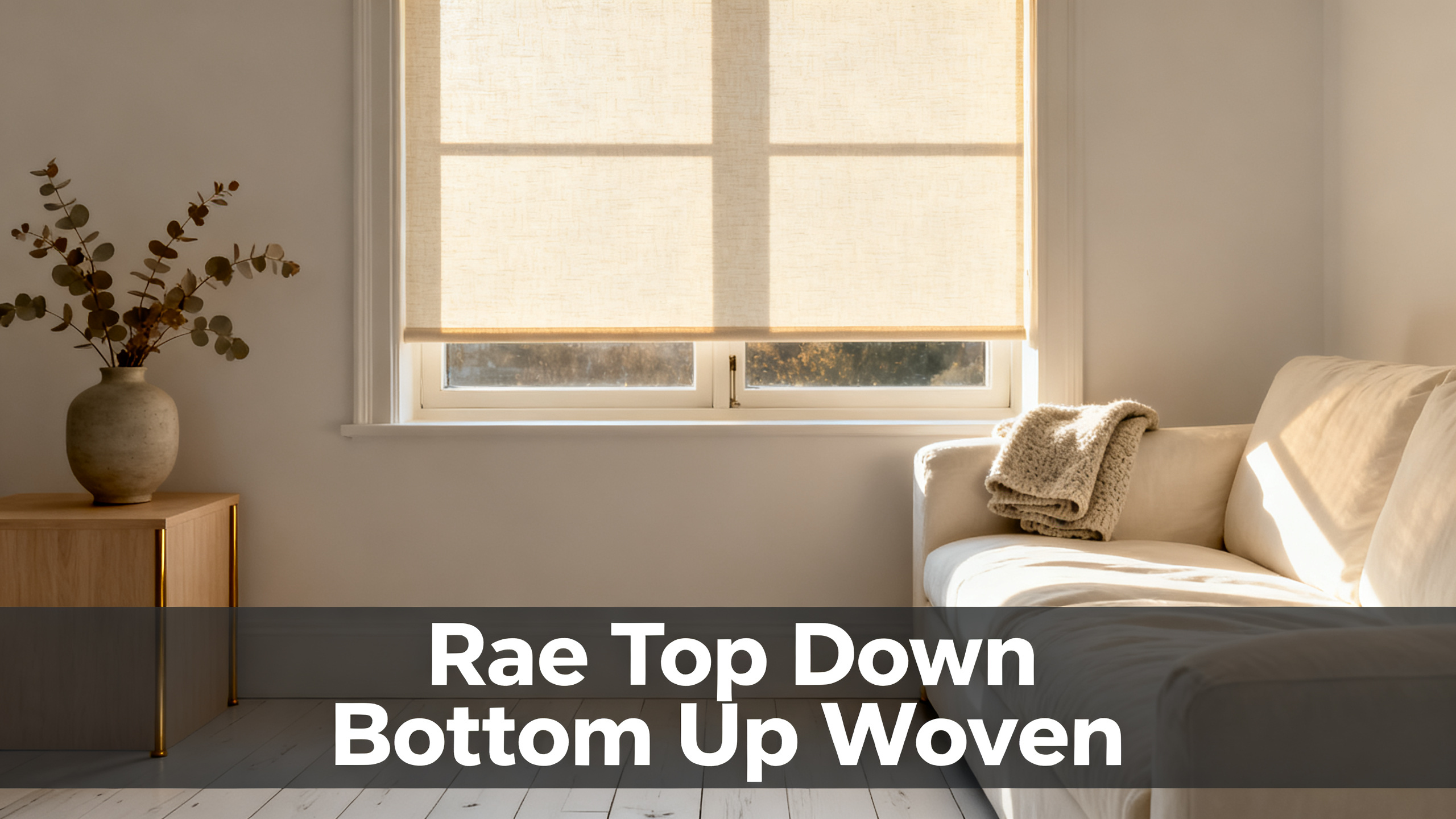 Scandinavian-modern interior at golden hour with window treatment, neutral palette, editorial home photography for Rae Top Down Bottom Up Woven