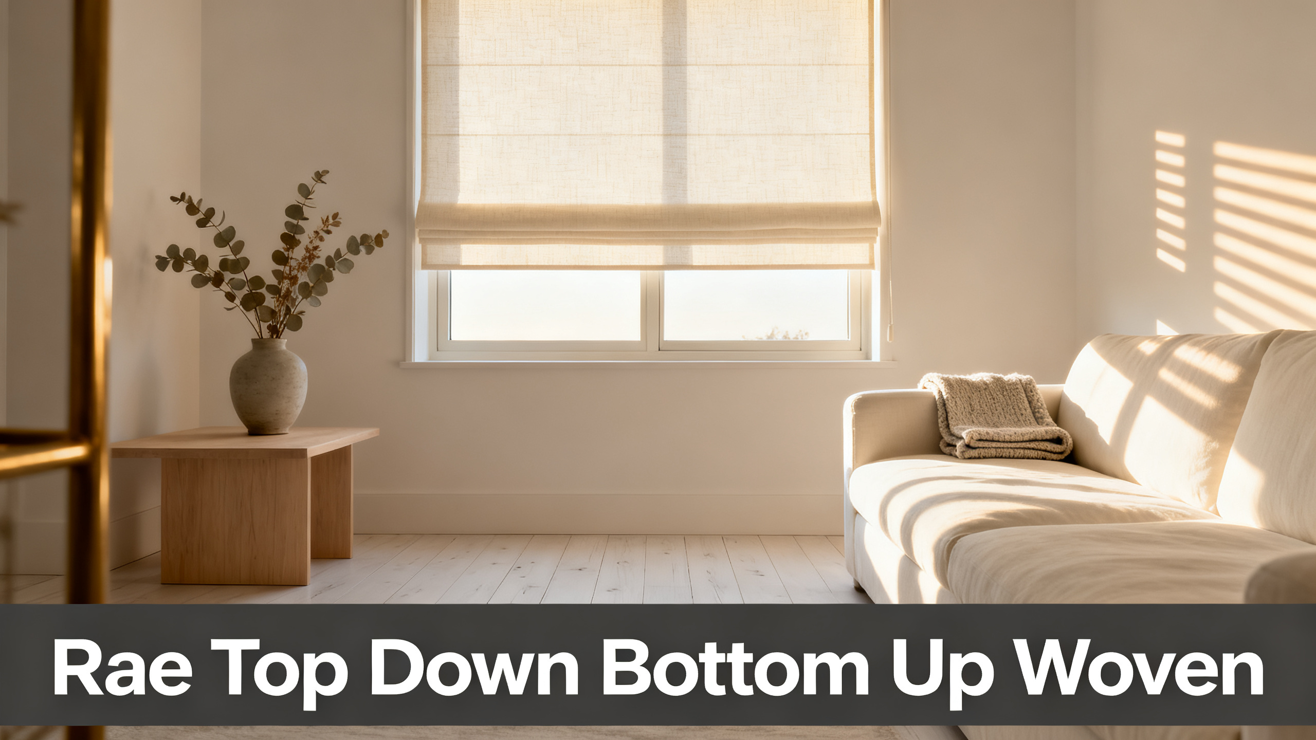 Scandinavian-modern interior at golden hour with window treatment, neutral palette, editorial home photography for Rae Top Down Bottom Up Woven