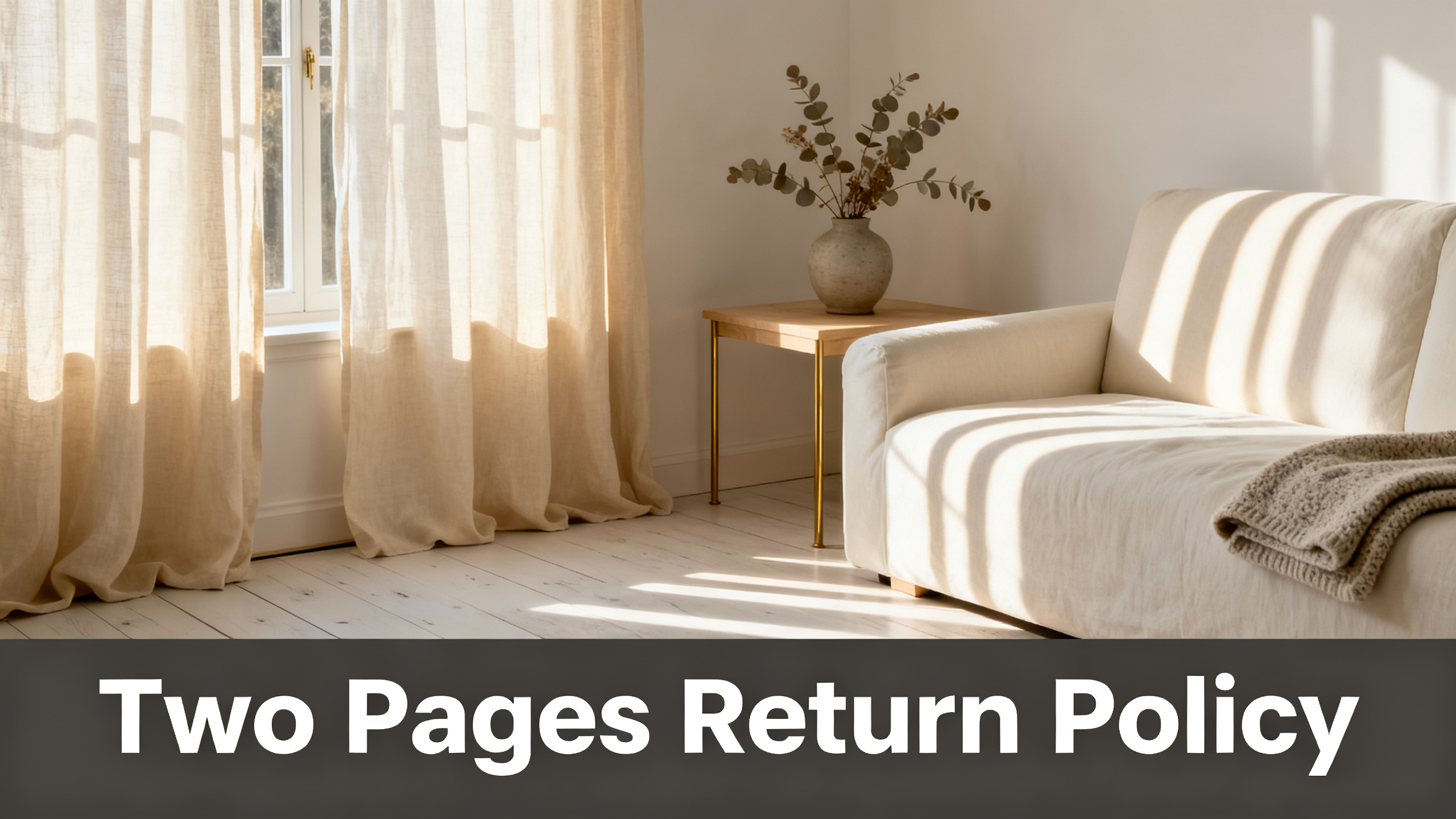 Scandinavian-modern interior at golden hour with window treatment, neutral palette, editorial home photography for Two Pages Return Policy