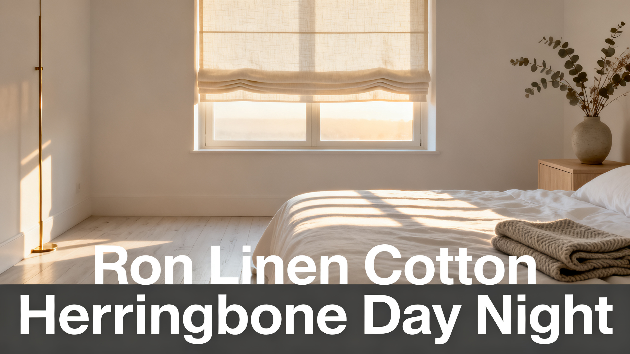 Scandinavian-modern interior at golden hour with window treatment, neutral palette, editorial home photography for Ron Linen Cotton Herringbone Day Night